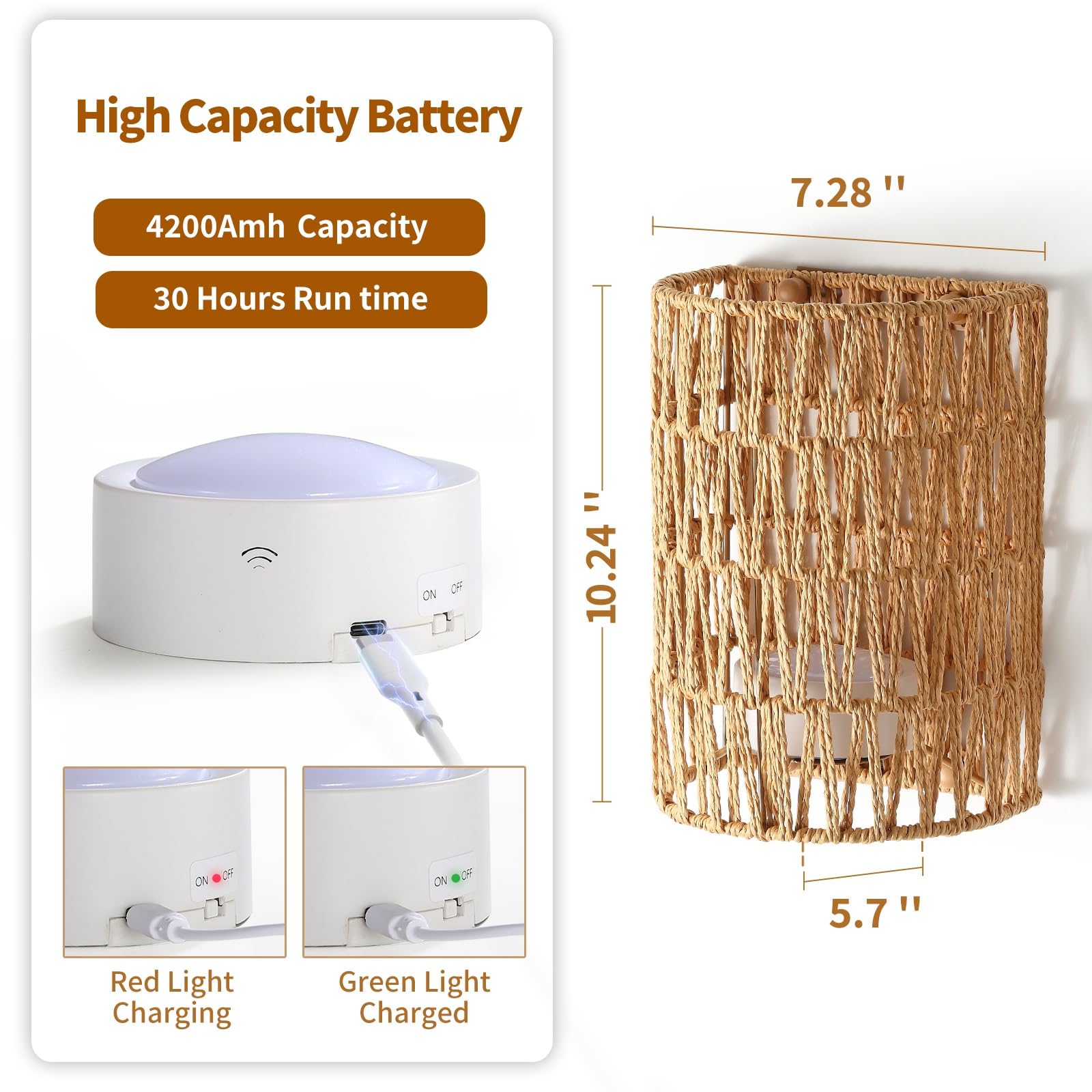 Espossi Battery Operated Wall Sconce Set of 2, Rattan Rechargeable, Wireless with Remote, Boho Design for Bedrooms & Living Room
