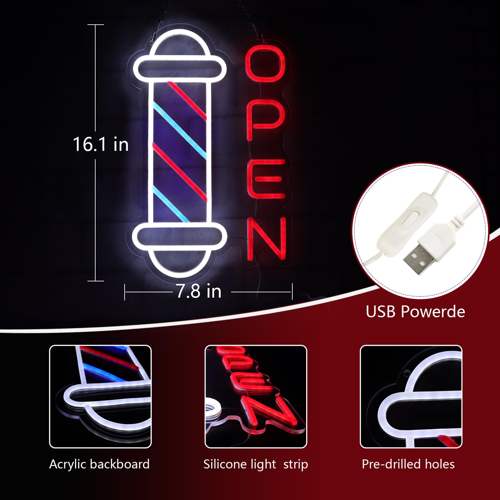 Jfllamp Barber Shop Neon Signs For Wall Decor Open Neon Lights For Bedroom Led Signs Suitable For Barber Shops Hair Salon Art Unique Gift For Hairdresser 10.2 * 16.1 Inch(Red + Blue + White)