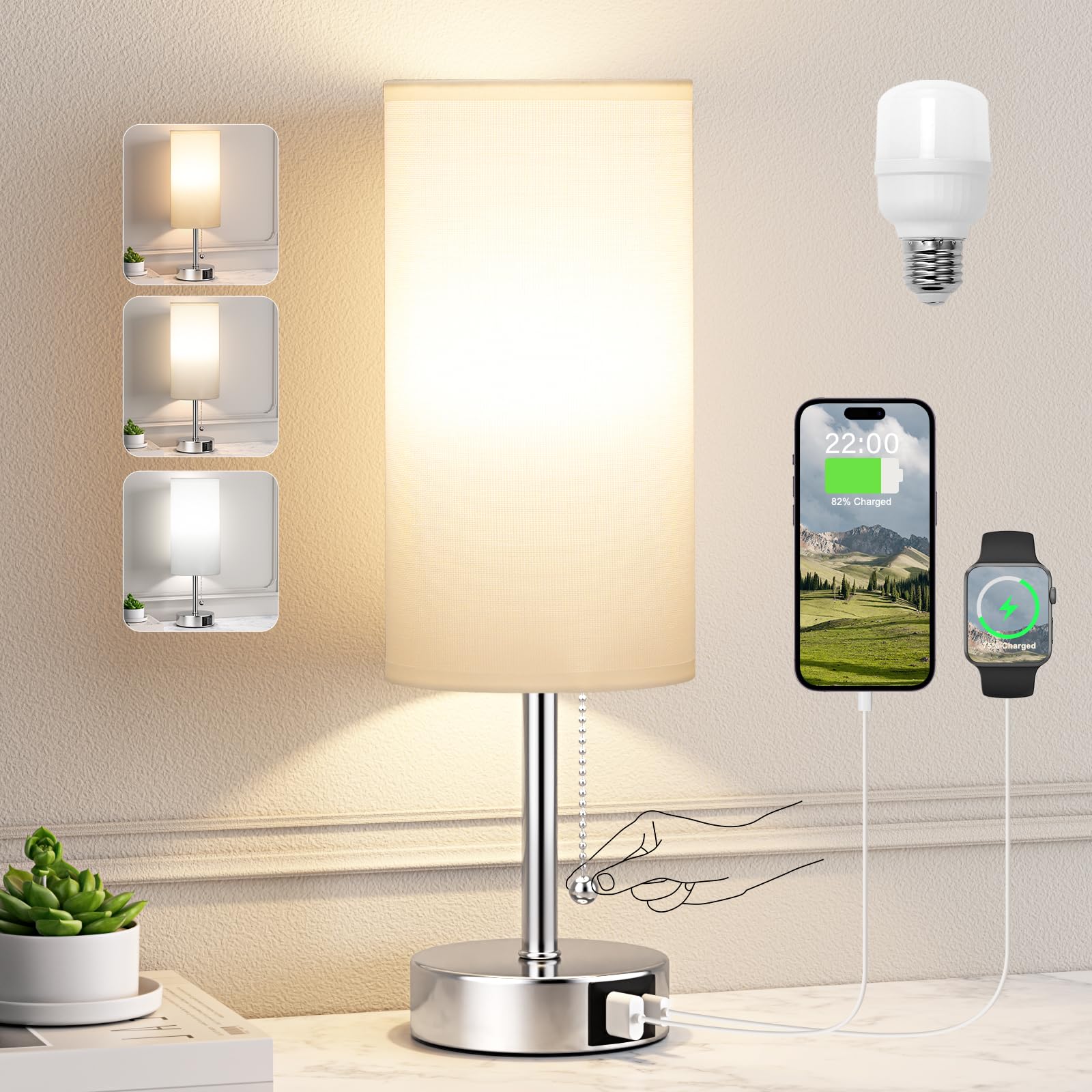 White Table Lamp for Bedroom Nightstand - Small Lamp with USB A + C Charging Port, 3 Color Temperatures Pull Chain Night Stand L