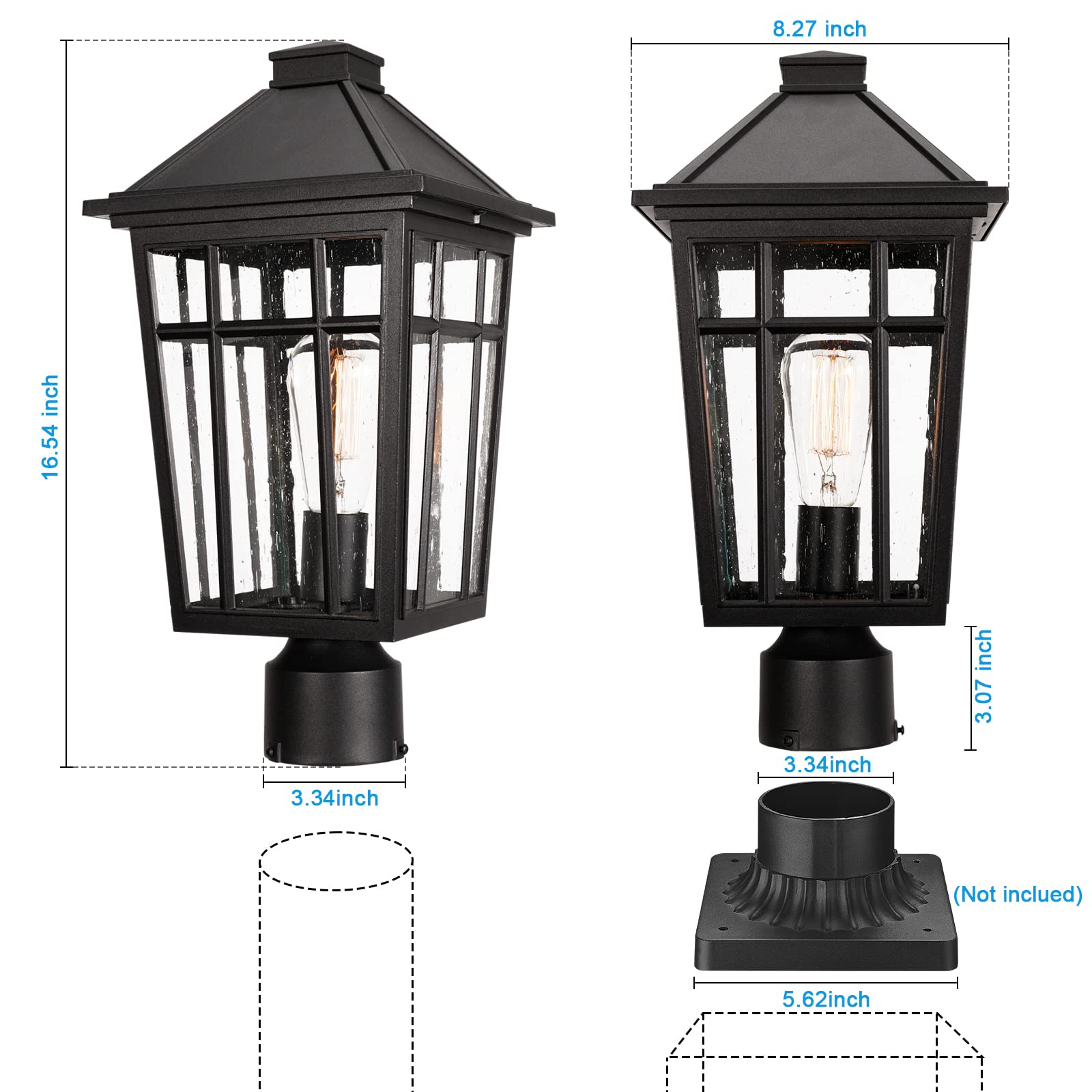 Darkaway Large Outdoor Post Light Fixture, Waterproof Aluminum, Black, Model 6X16P-M BK, Ideal for Garden, Patio, Pathway Lighting