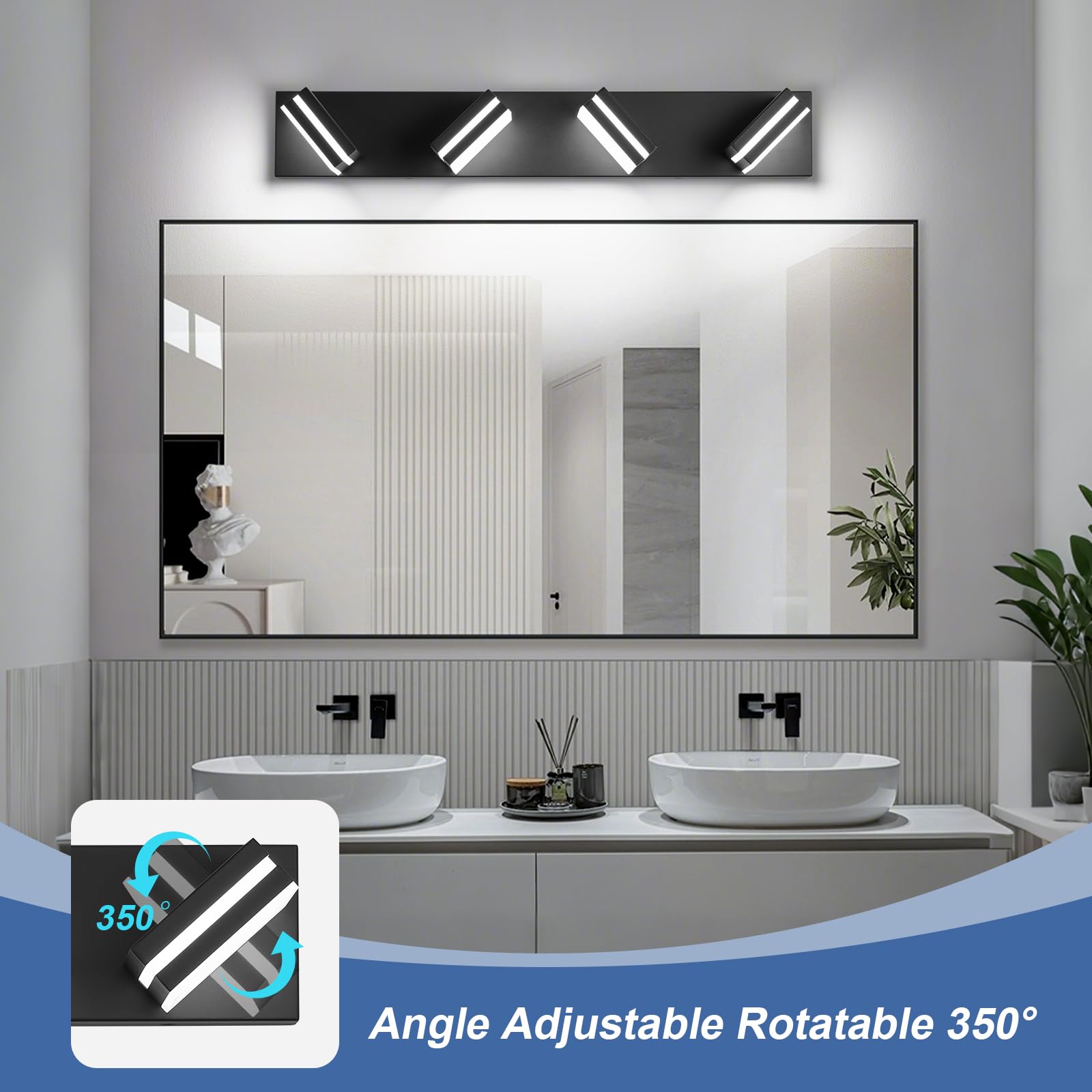 Jzekvn Modern Led Bathroom Lights Fixtures(4-Light) Metal Black Acrylic Wall Lighting Vanity Lights For Bathroom Over Mirror(6000K 27In