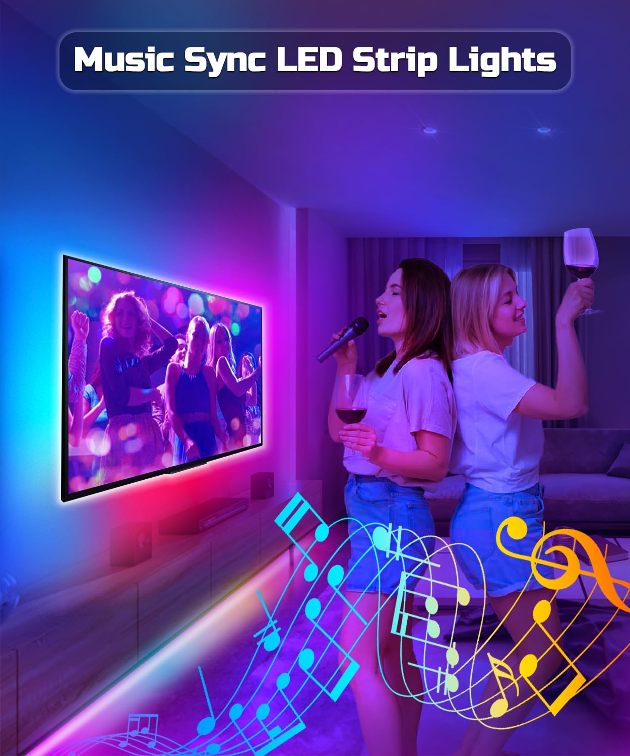 Daymeet LED TV Lights, 23ft RGBICW Backlight, USB Color Changing, Music Sync, for 32in-100in TVs, Multicoloured