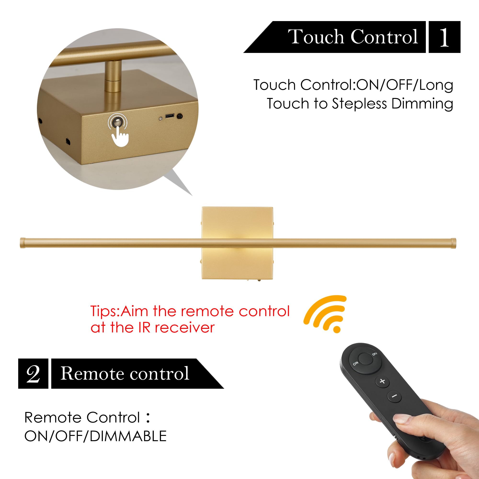 KARTOOSH Dimmable Battery Operated Wall Sconces Set of 2, 32.2" Gold, 350° Rotate, Remote Control, 3000K LED for Living