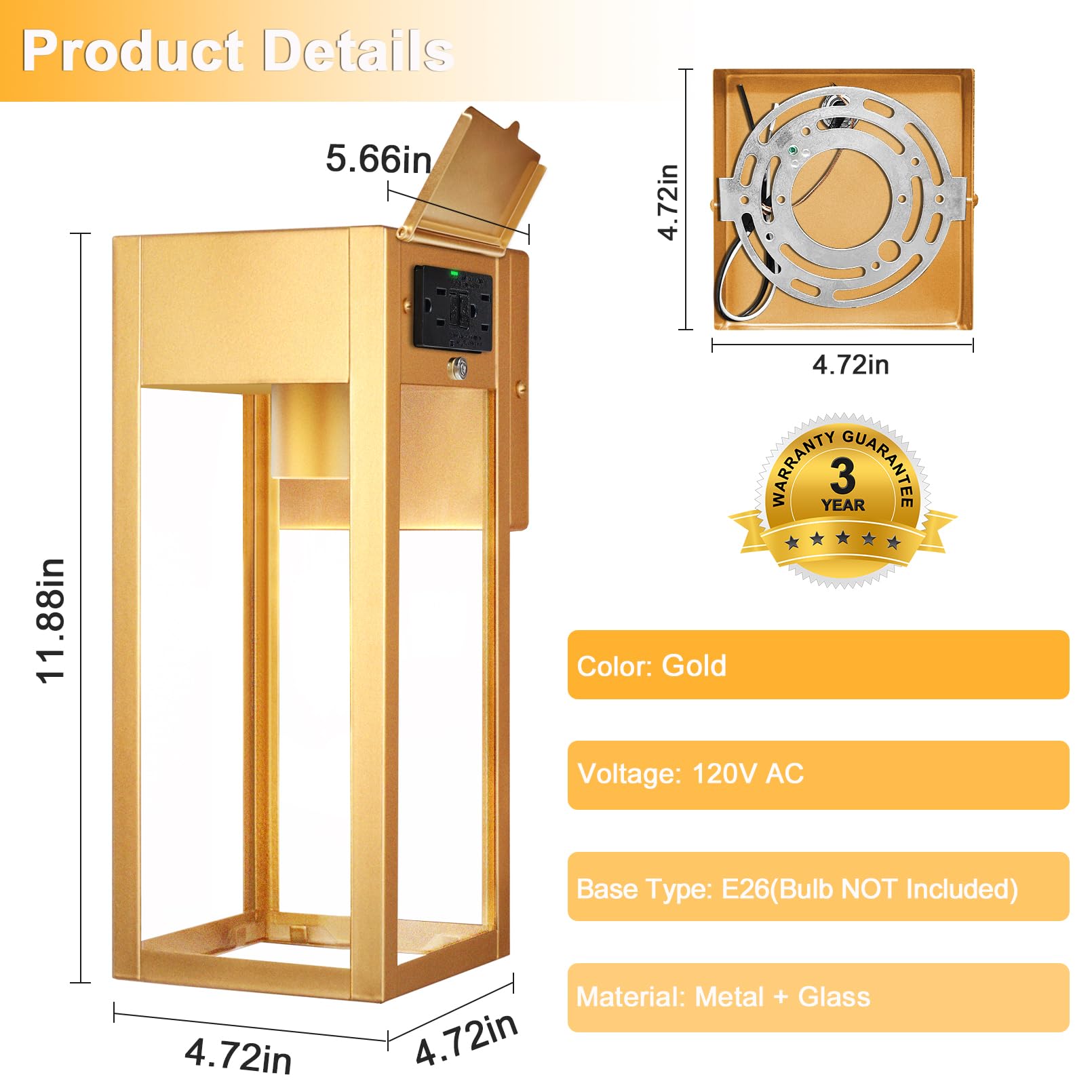 OYKYOHEI Outdoor Wall Sconce with GFCI Outlet, Waterproof Gold Lantern Light, No Sensor, 1 Pack for Patio, Doorway, Garage