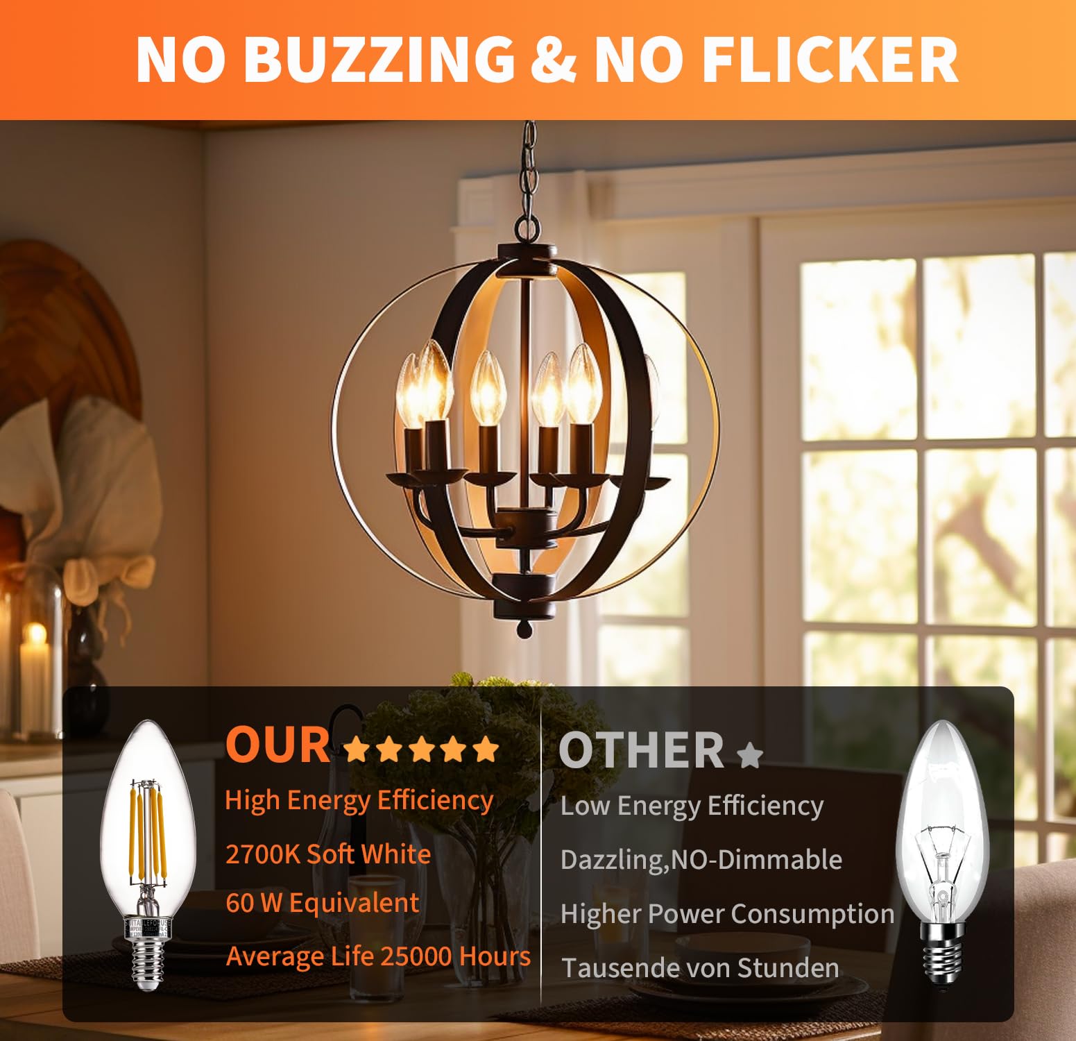 Alampever Chandelier Light Bulbs, 60W Equivalent Candelabra Bulb, E12 Led Bulb 2700K Soft White, 450Lm, Candle Light Bulbs 12 Pa