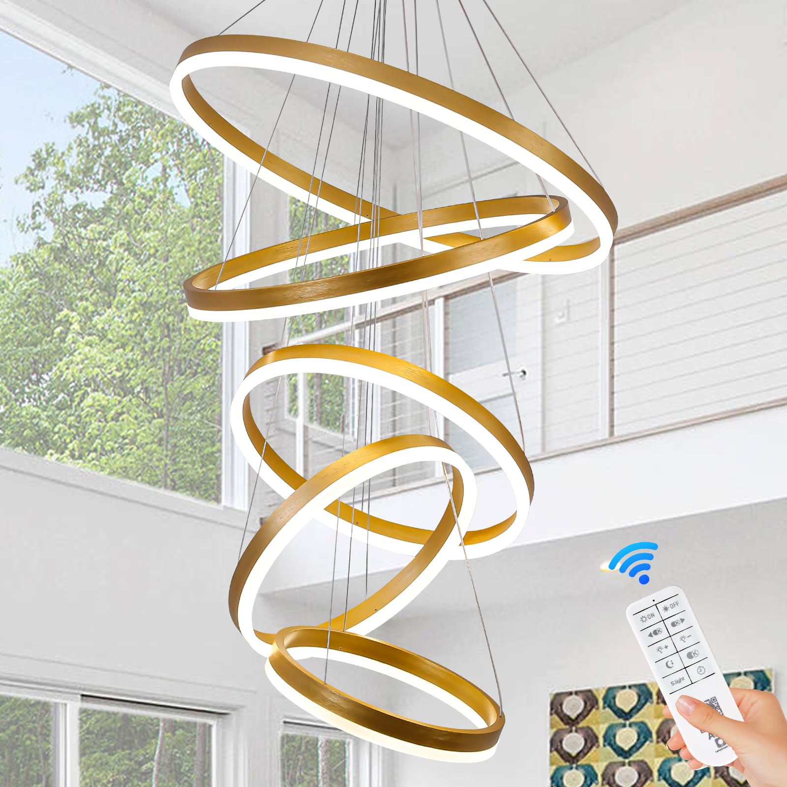 XGZL  LIGHTING 5-Rings Modern LED Chandelier Gold Dimmable Chandeliers for Dining Room, High Ceiling Chandelier with Remote Cont