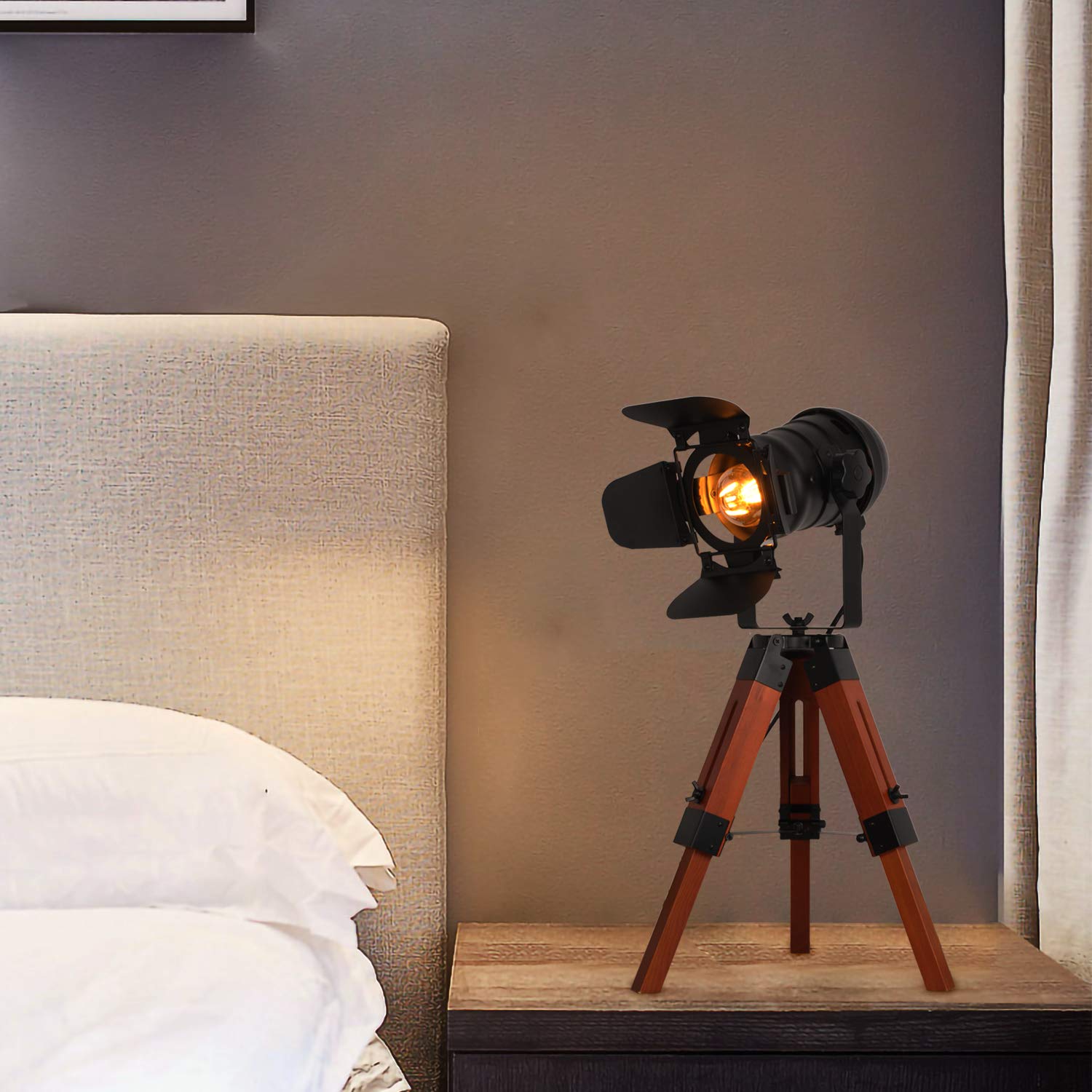 Lustorm 1 Industrial Tripod Wood Table Lamp For Bedside, Farmhouse Adjustable Height Retro Desk Lamp For Living Room Rotataion V