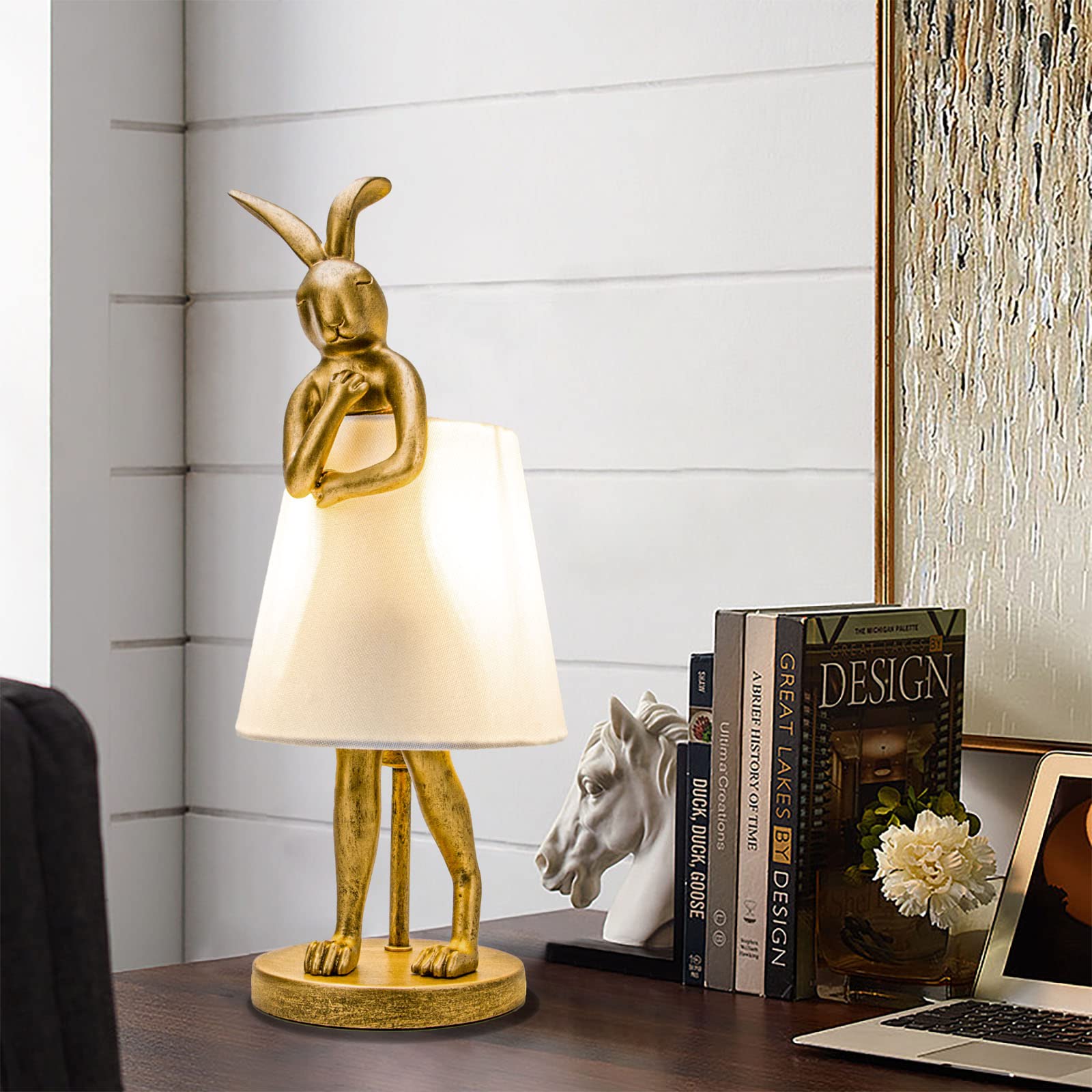 Jgoewbj Bunny Table Lamp, Resin Rabbit Desk Light, Animal Lamps With Linen Shade, Vintage Antique Gold Main Part (Black Lamp Sha