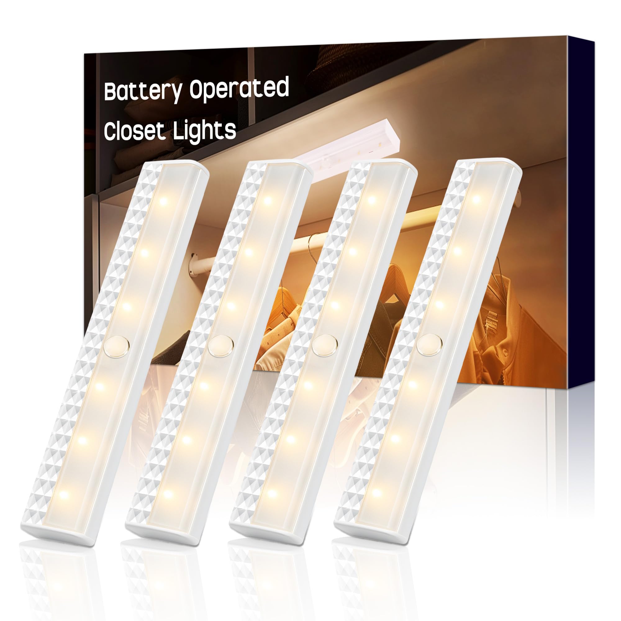 holoith Motion Sensor Closet Lights 4-Pack, Battery Powered, 3000K Warm White, Magnetic, Plastic, 45 Lumen, for Cabinet, Stair, Wardrobe