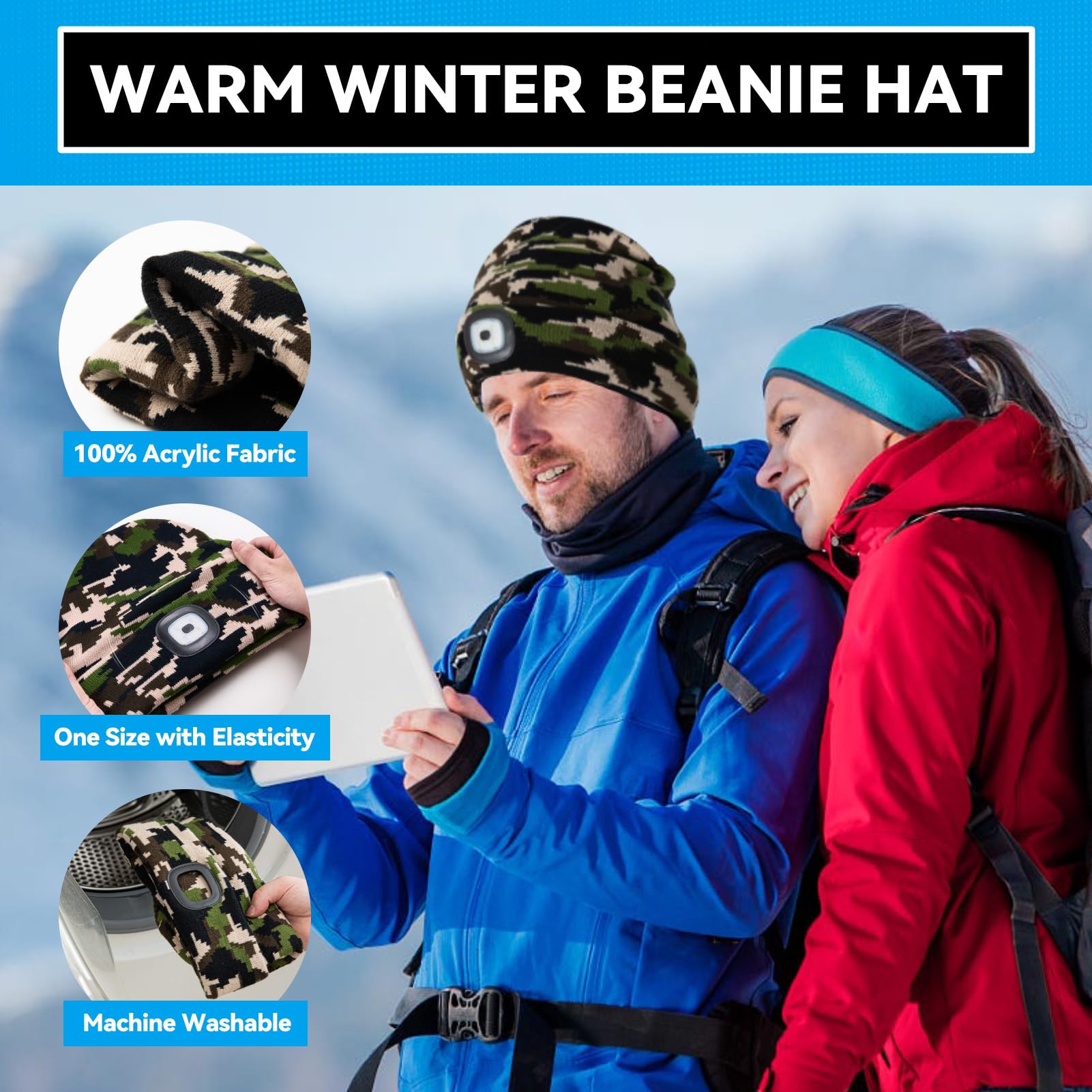 FFIPBGE Beanie Hats with Light, USB Rechargeable Headlamp, One Size-Medium, Camouflage, Model BHL2413