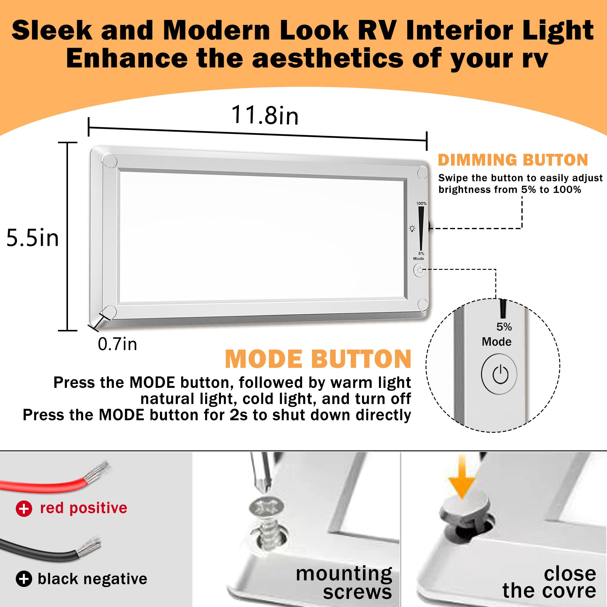 SFNN 2 Pack RV LED Ceiling Dome Lights, 12V, Dimmable Switch, Silver, Model FCD-001, Energy Saving for RV/Camper/Trailer/Boat