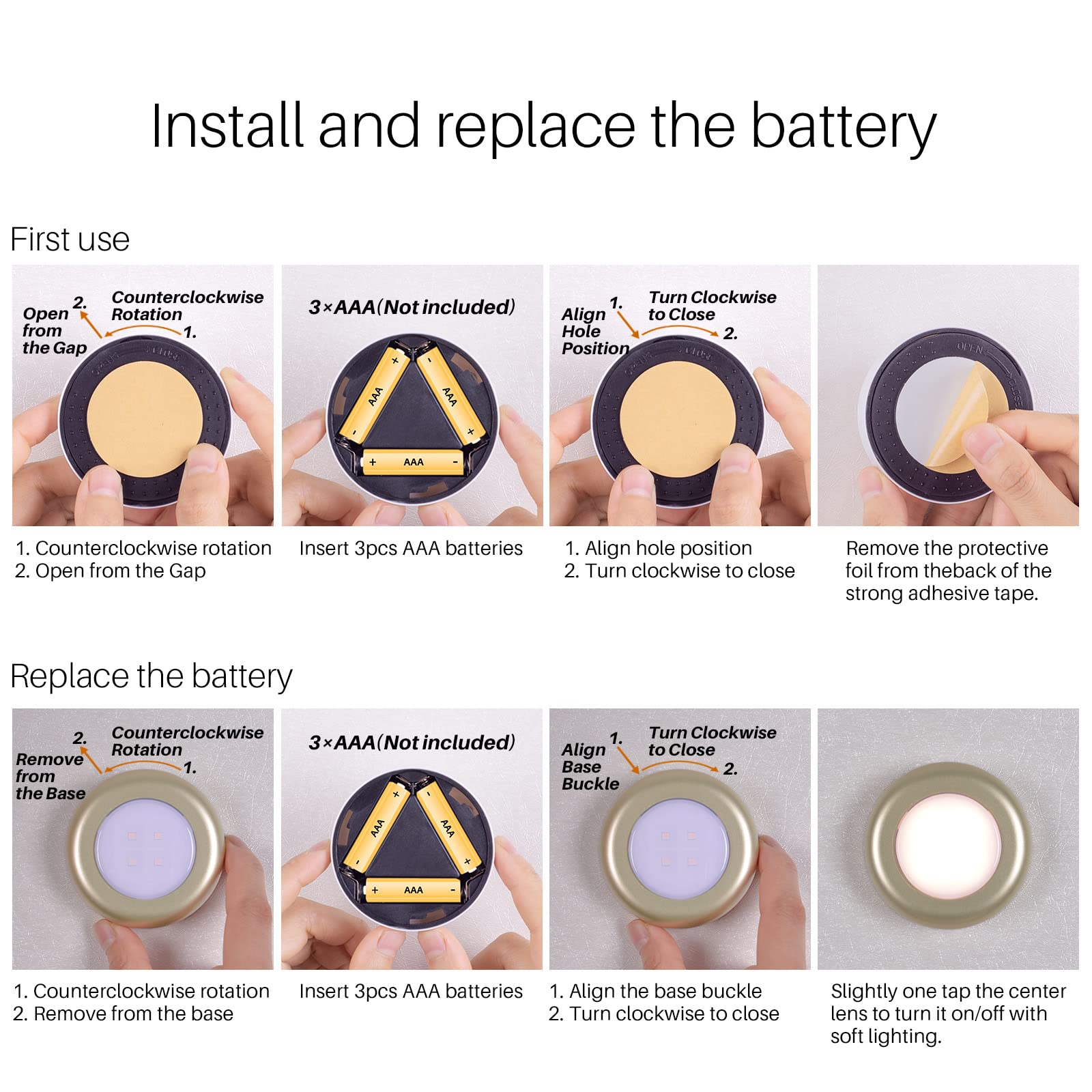 Star-Spangled 5 Pack Push Tap Lights, Led Touch Puck Lights, Golden Warm White, Battery Operated, Model Us-8016-Ye5-G