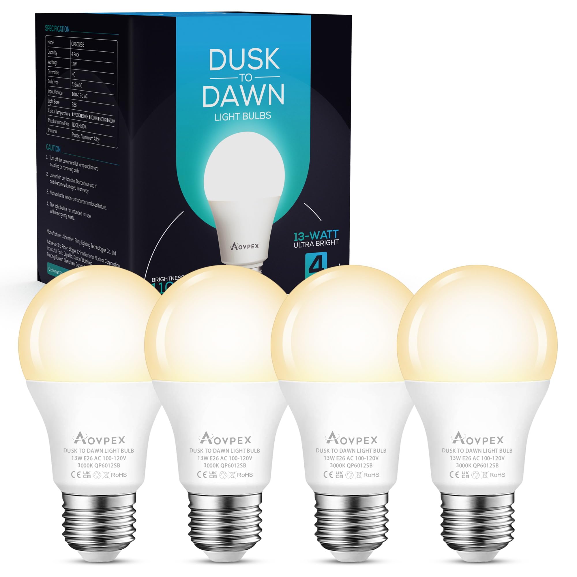Aovpex Dusk To Dawn Led Outdoor Light Bulbs, 13W 1100Lm(100W Equivalent), A19 Sensor Led Bulb, E26 3000K Soft White Day Night Bu