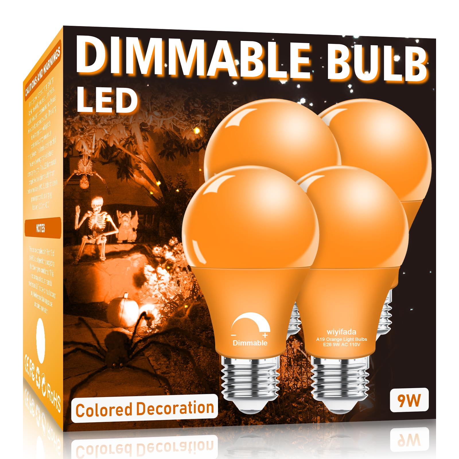 Wiyifada 4 Pack A19 Led Orange Light Bulbs,110V E26 Halloween Orange Led Lights 9W Replace Up To 100W, Dimmable Colored Light Bu