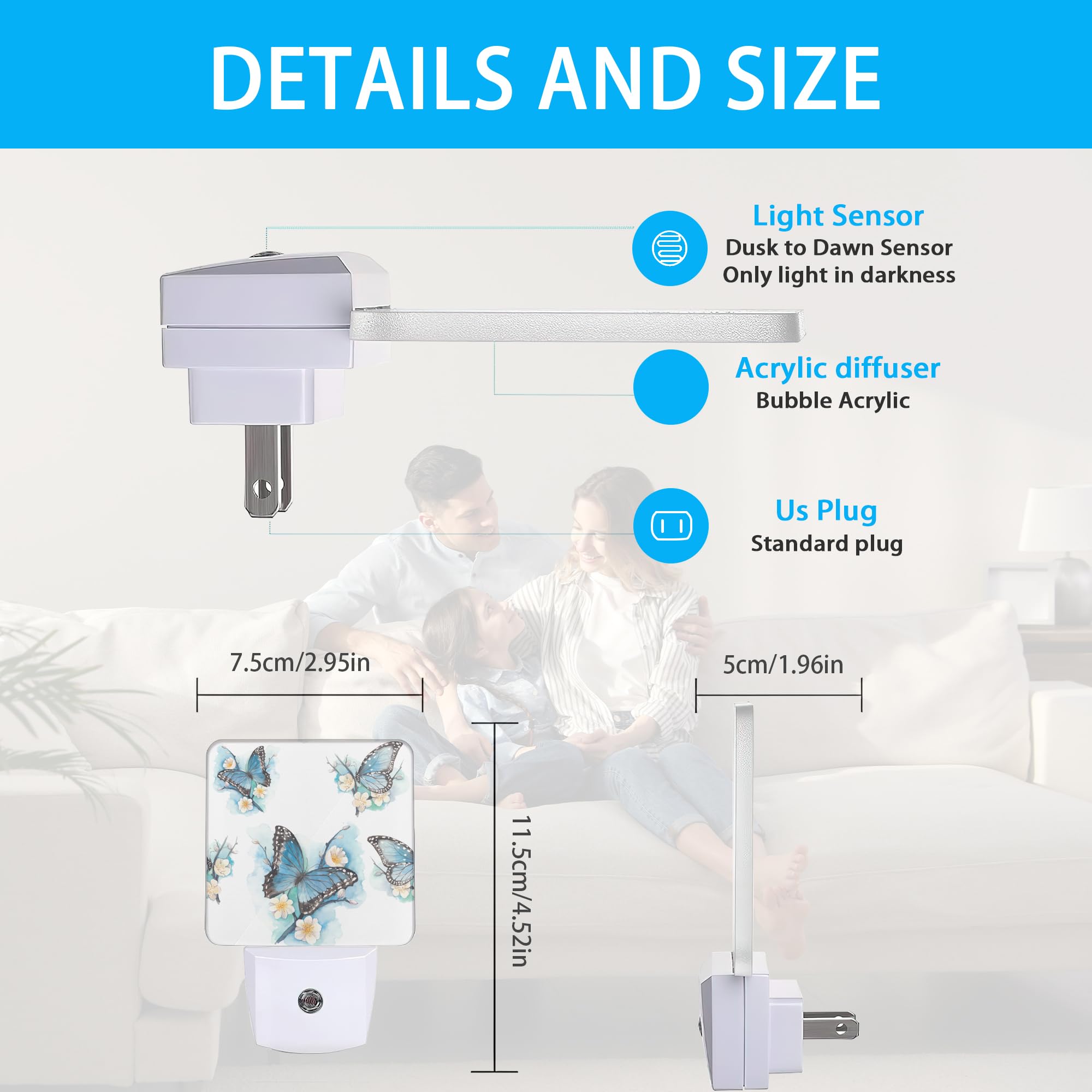 Meikosks Night Lights Plug Into Wall Blue Butterfly On Blossom Night Lights Dusk To Dawn Sensor Led Lamp For Women Men,Led Light