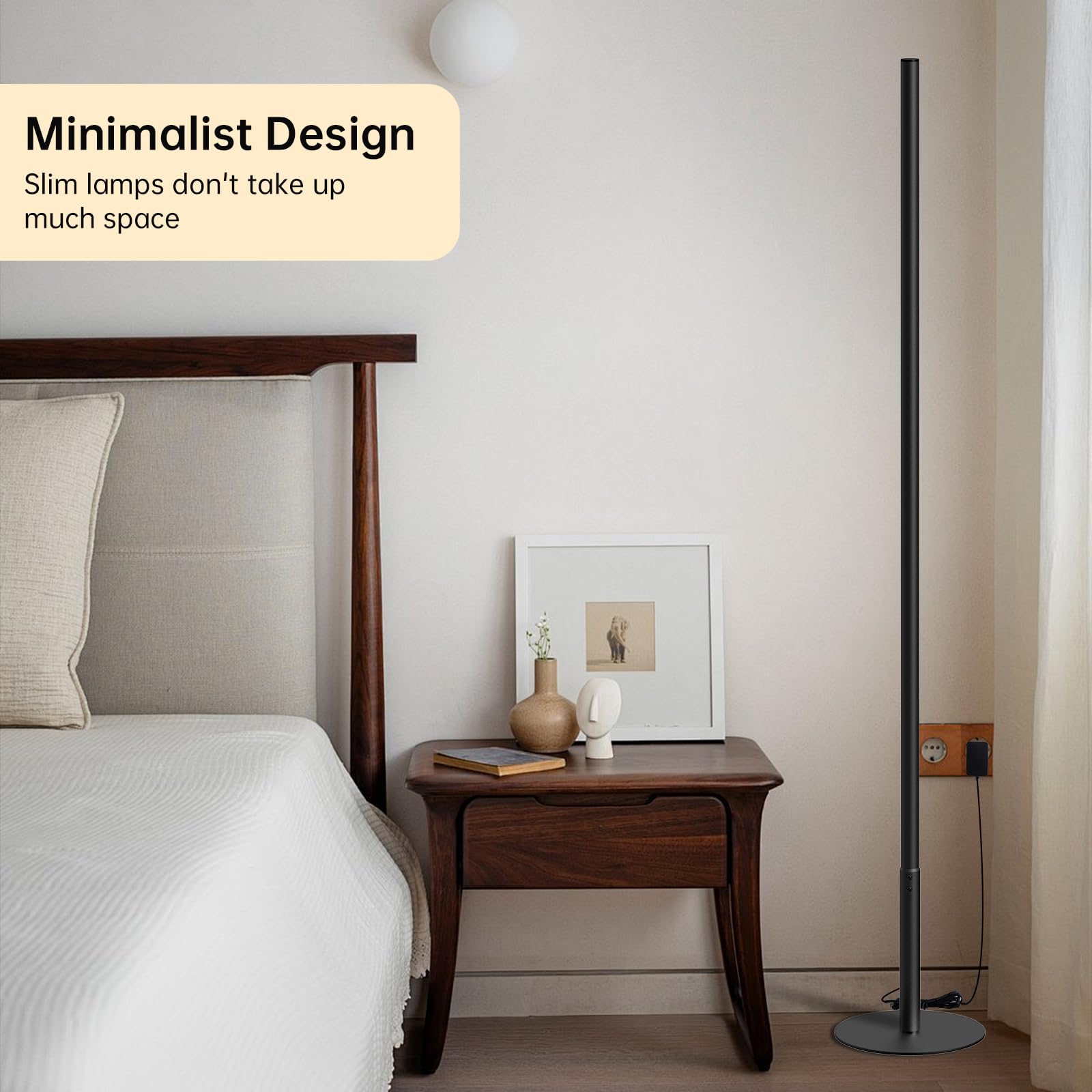 Marlrin 57.8" Minimalist Corner Floor Lamp - Dimmable LED, Remote Control, Black, Aluminum, Model RTL111, Modern Design for Living Room/Bedroom