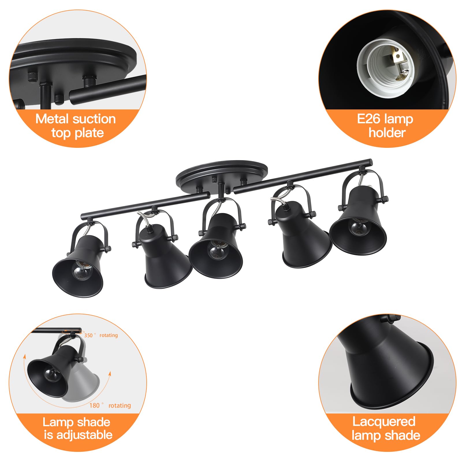 Keesfu 5-Light Track Lighting Kit,Black Semi Flush Mount Ceiling Light With 5 Rotatable Light Heads,Modern Accent Lighting For Livingroom,Bedroom,Hallway,Art Wall,Bathroom,Kitchen.(5-Light)