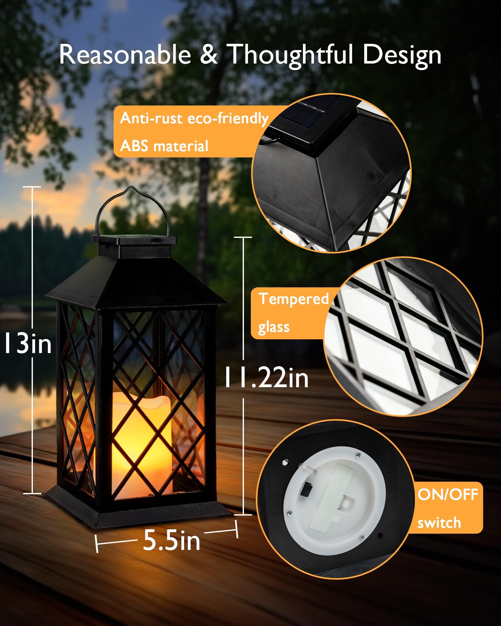 Homemory Solar Lanterns - 2 Pack Outdoor Waterproof Hanging Lanterns with Flameless Candles, 13'' Black Heavy-Duty ABS & Glass