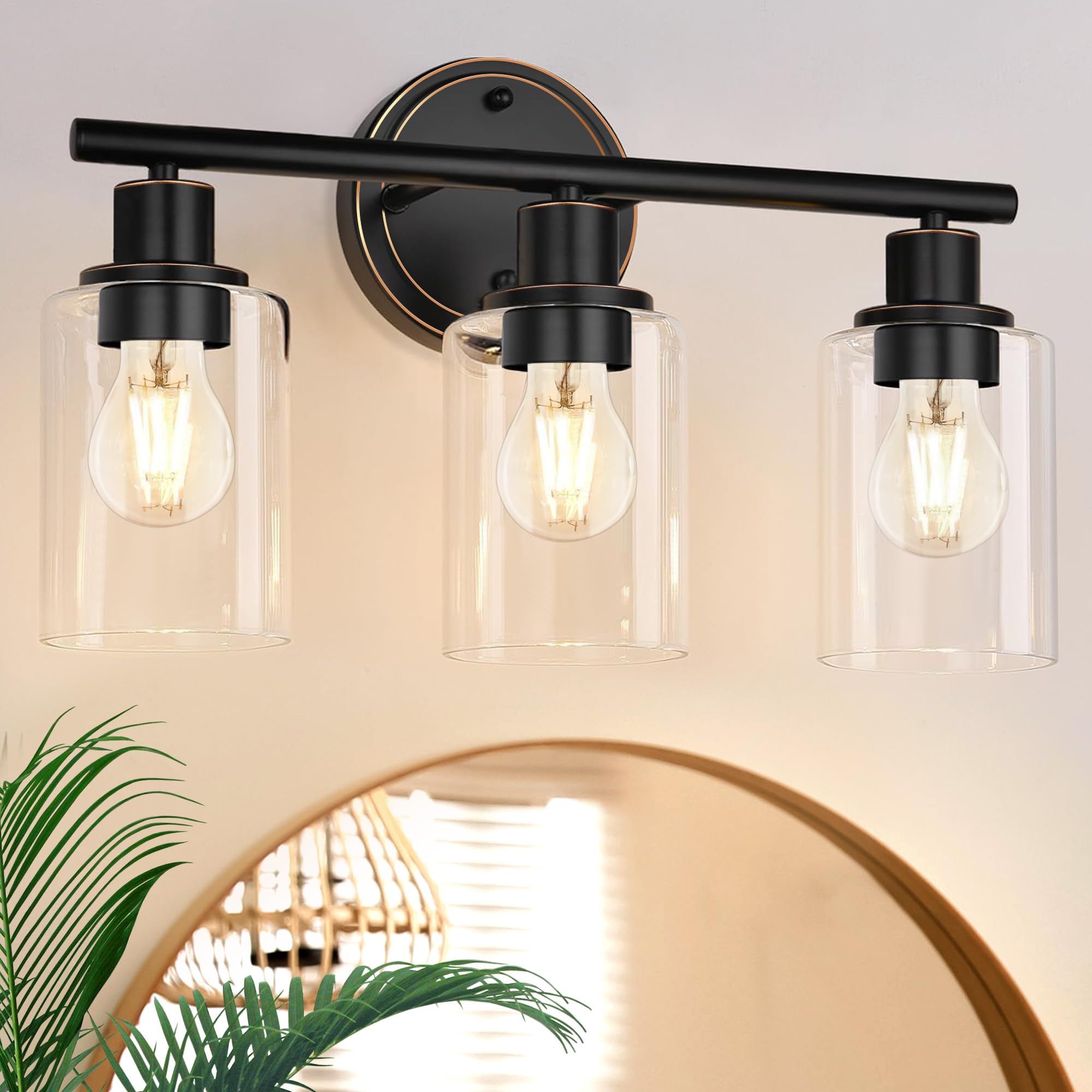 Faymart 3-Light Oil Rubbed Bronze Bathroom Vanity Light Fixture Over Mirror, Glass & Metal