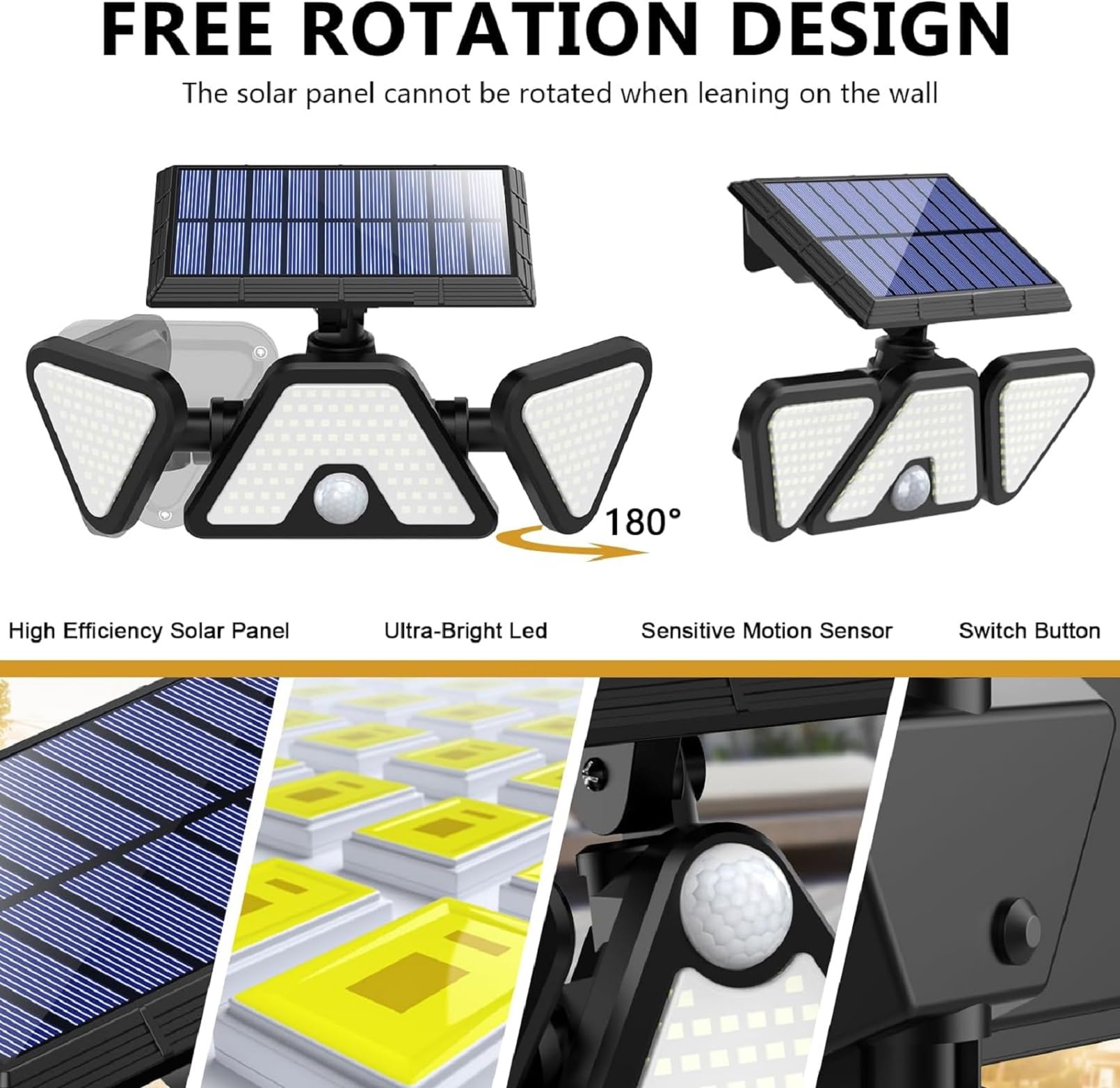 ZOOKKI Solar Flood Lights - 3 Heads Motion Sensor, 203 LED, IP65 Waterproof, 2 Pack, White, Model BS-B3