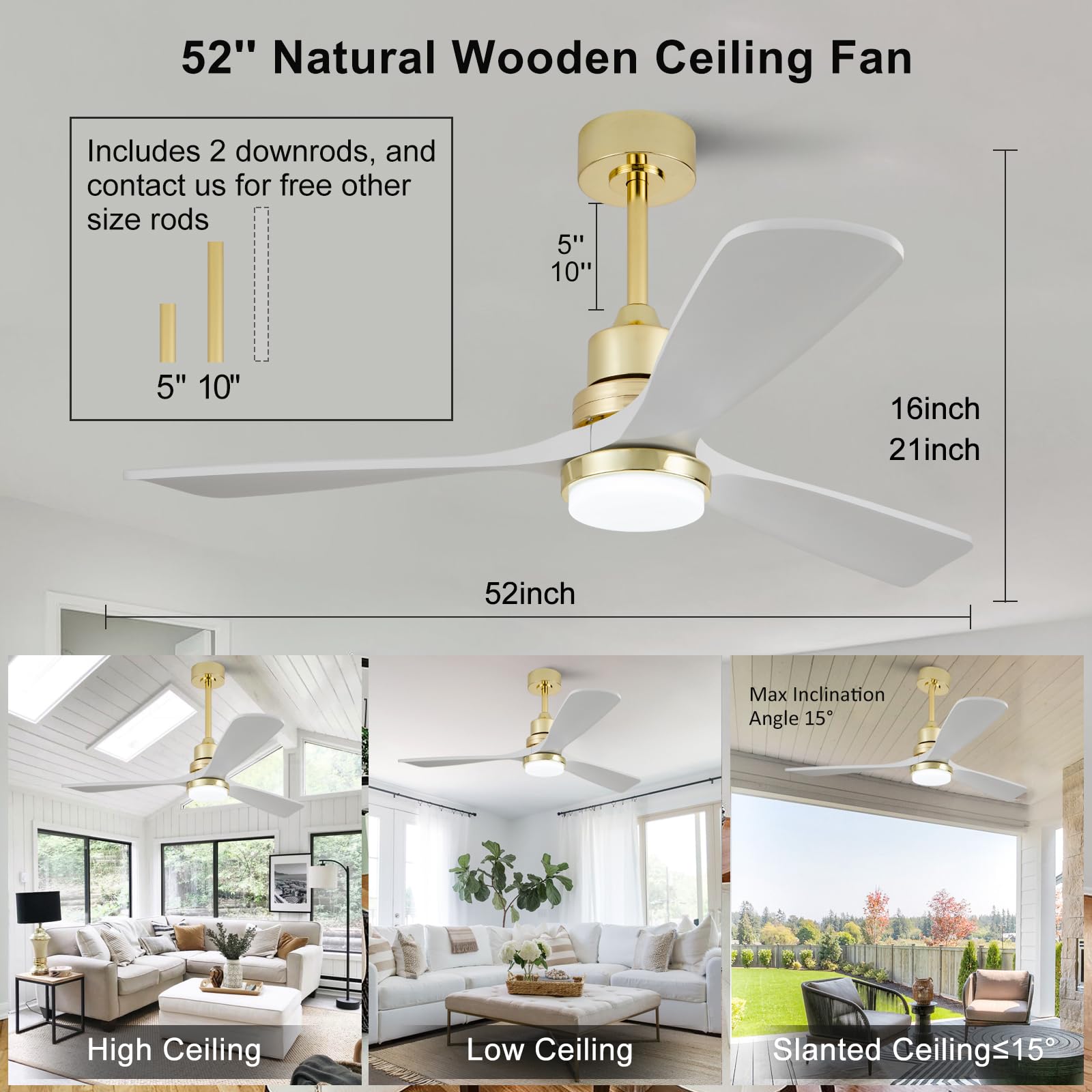 BOJUE 52" Gold Ceiling Fan with Lights, White Solid Wood Blades, Remote Control, Modern Design for Indoor/Outdoor Use