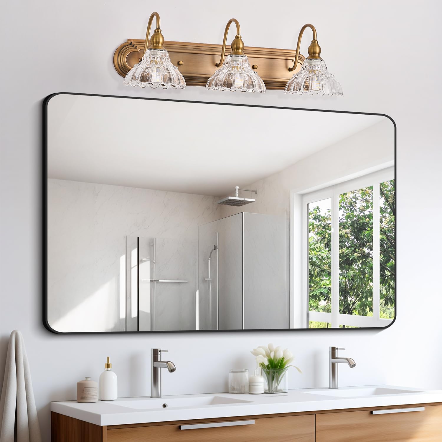 TLOLGT Vintage 3-Light Bathroom Vanity Lighting Fixture, Brass Glass Sconces, Retro Design, Model CP178-3T