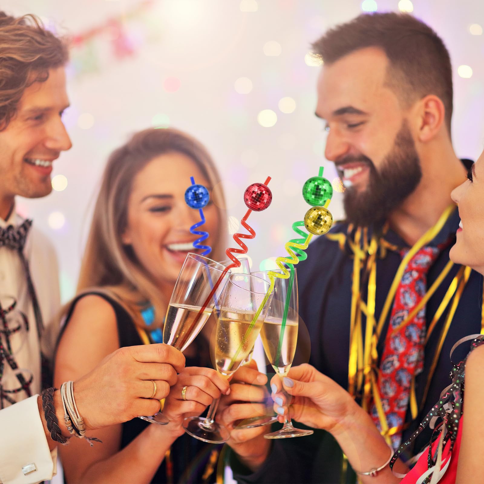 36 PCS Disco Ball Straws, Silver Mirror Ball Straws, Disco Reusable Plastic Straws, Mini Disco Straw Decor for 70s Disco Party D