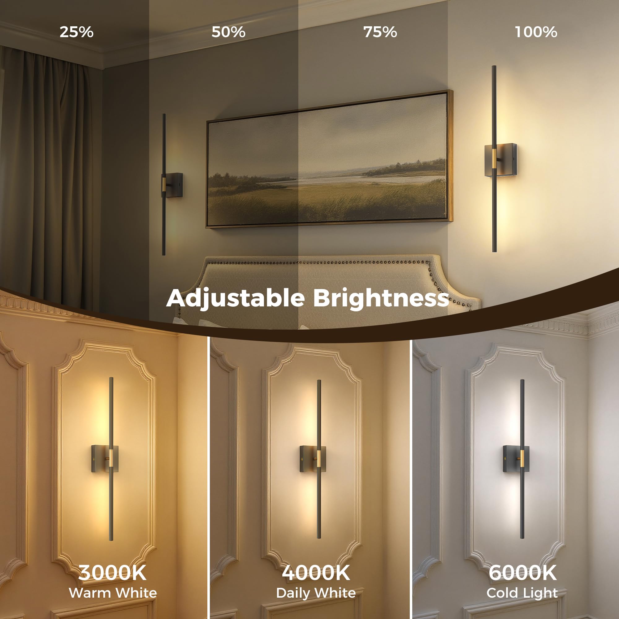 L LOHAS LED Battery Operated Wall Sconces Set of 2, 28.1in Gold & Black Aluminum, 3CCT Rechargeable Wireless Lights for Bedroom & Living Room