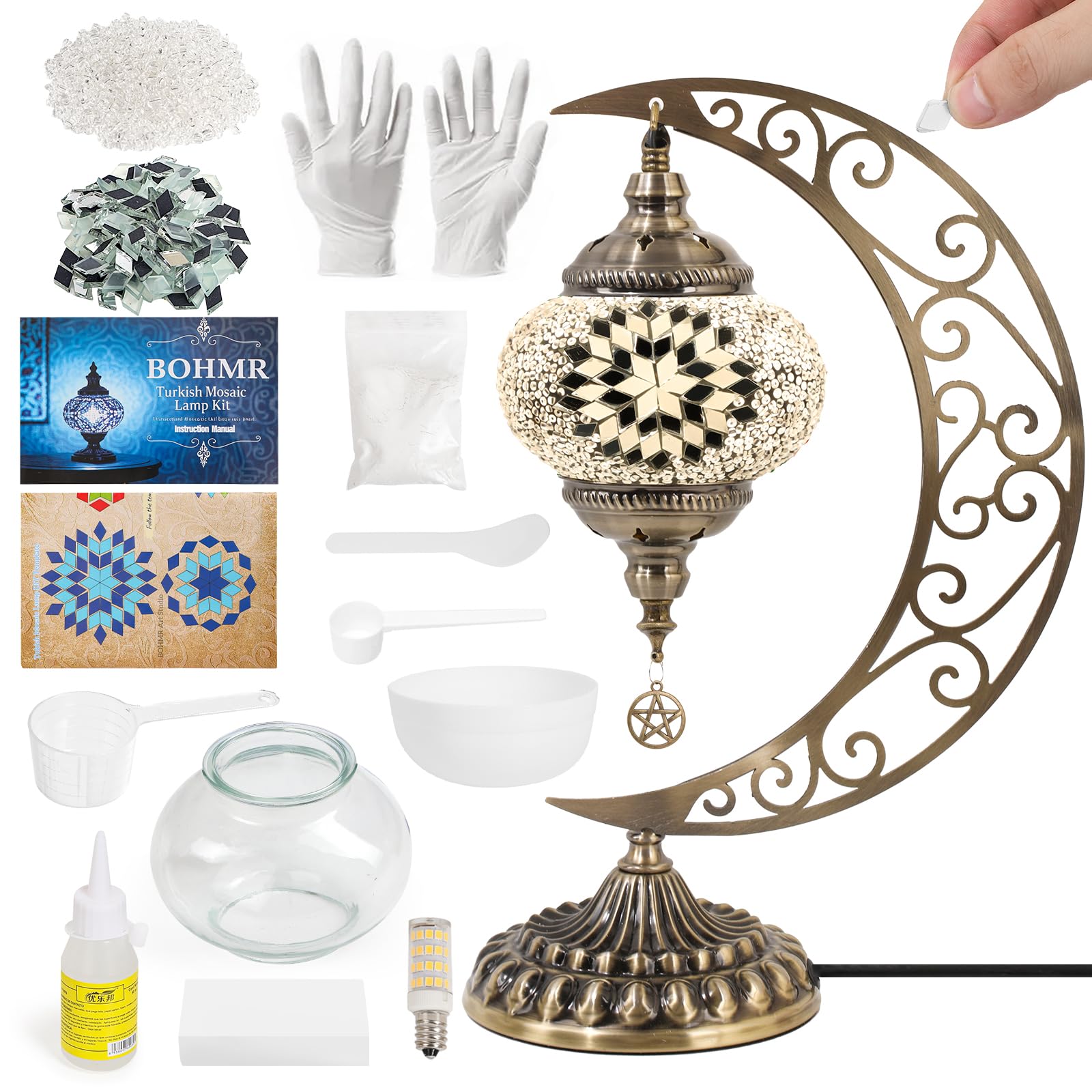 BOHMR DIY Turkish Mosaic Lamp Kit  Moon Stained Glass Lamp Making Kit- Easy Fun No Experience Needed  Mosaic Art & Craft Project Kits for For Mature Userss & Teens  Make Your Own Table Lamp Christmas Gift White