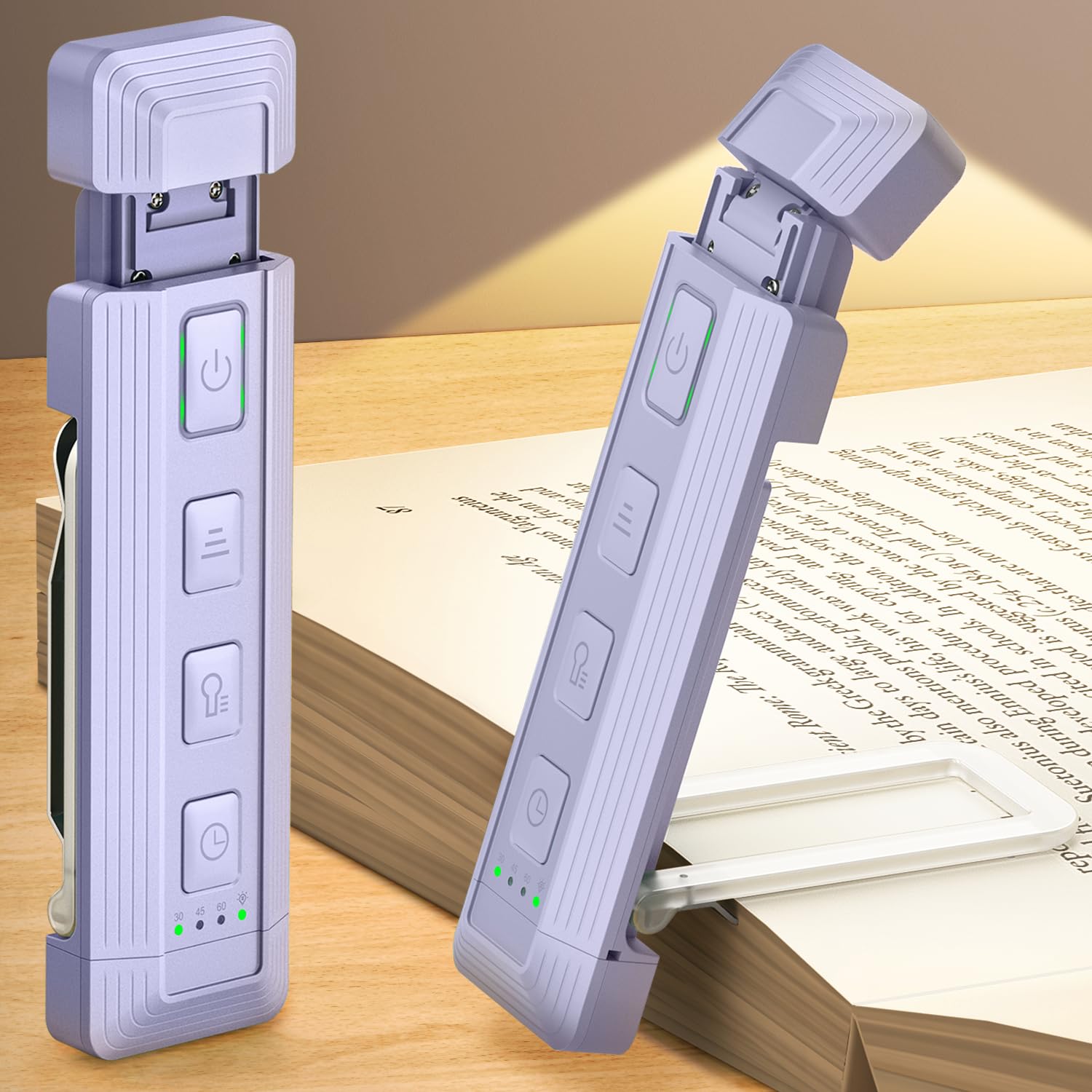 Glocusent Extendable Book Light - USB Rechargeable, 5 Brightness Levels, 3 Colors, Clip-On, 15.4x1.5x1.4in, Purple,