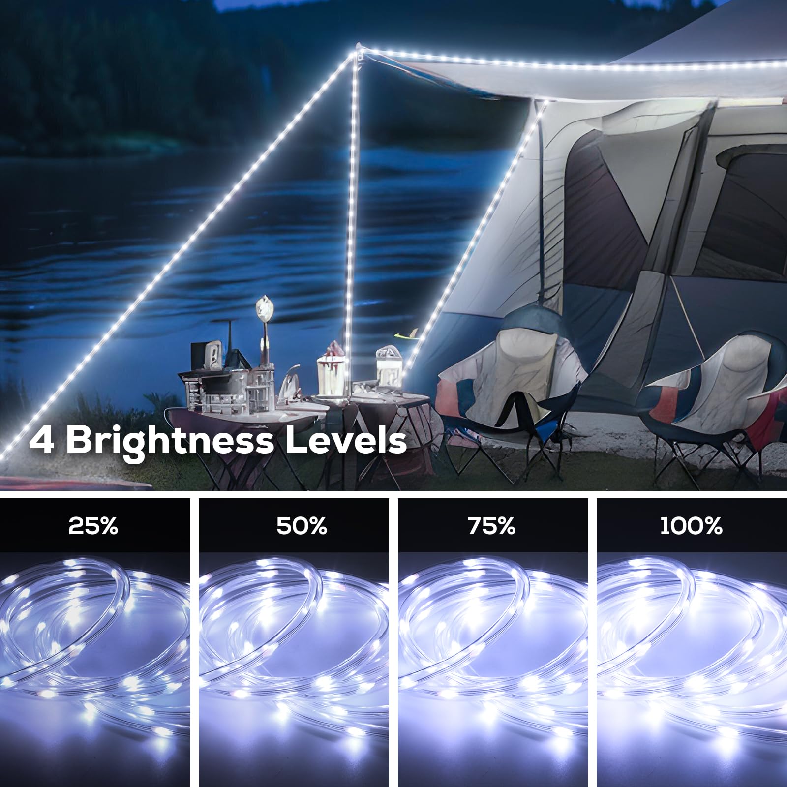 Soiarllt LED Waterproof Rope Lights, 50FT, Cool White, 8 Modes, 4 Brightness, Indoor/Outdoor Decoration, Model SLSL012-1