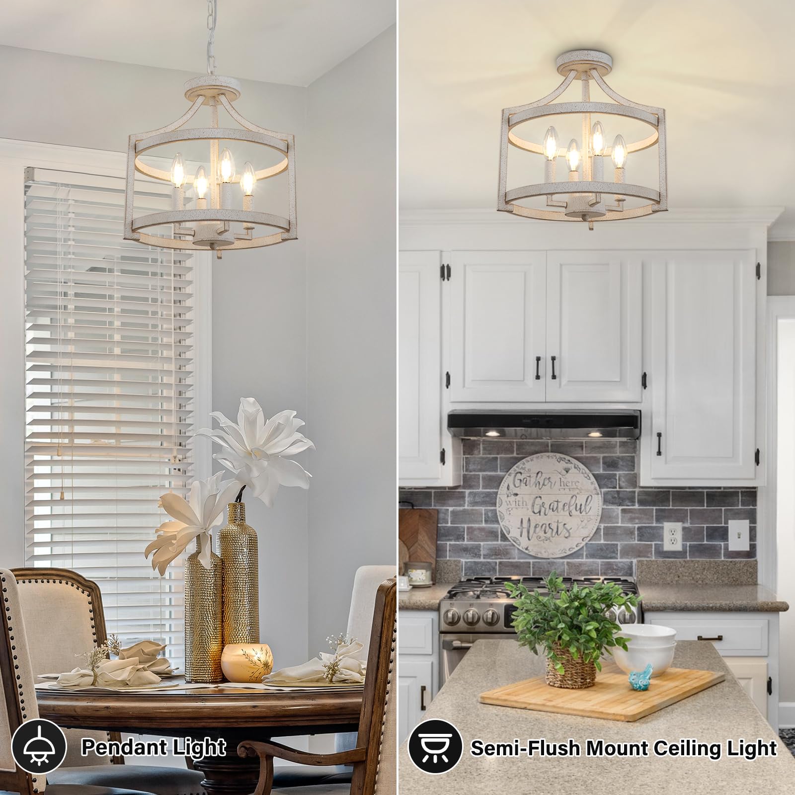 WBinDX 4-Light Farmhouse Chandelier, Distressed White Metal Pendant Light Fixture for Dining Room, Kitchen, Foyer - Model D0128S-4-D