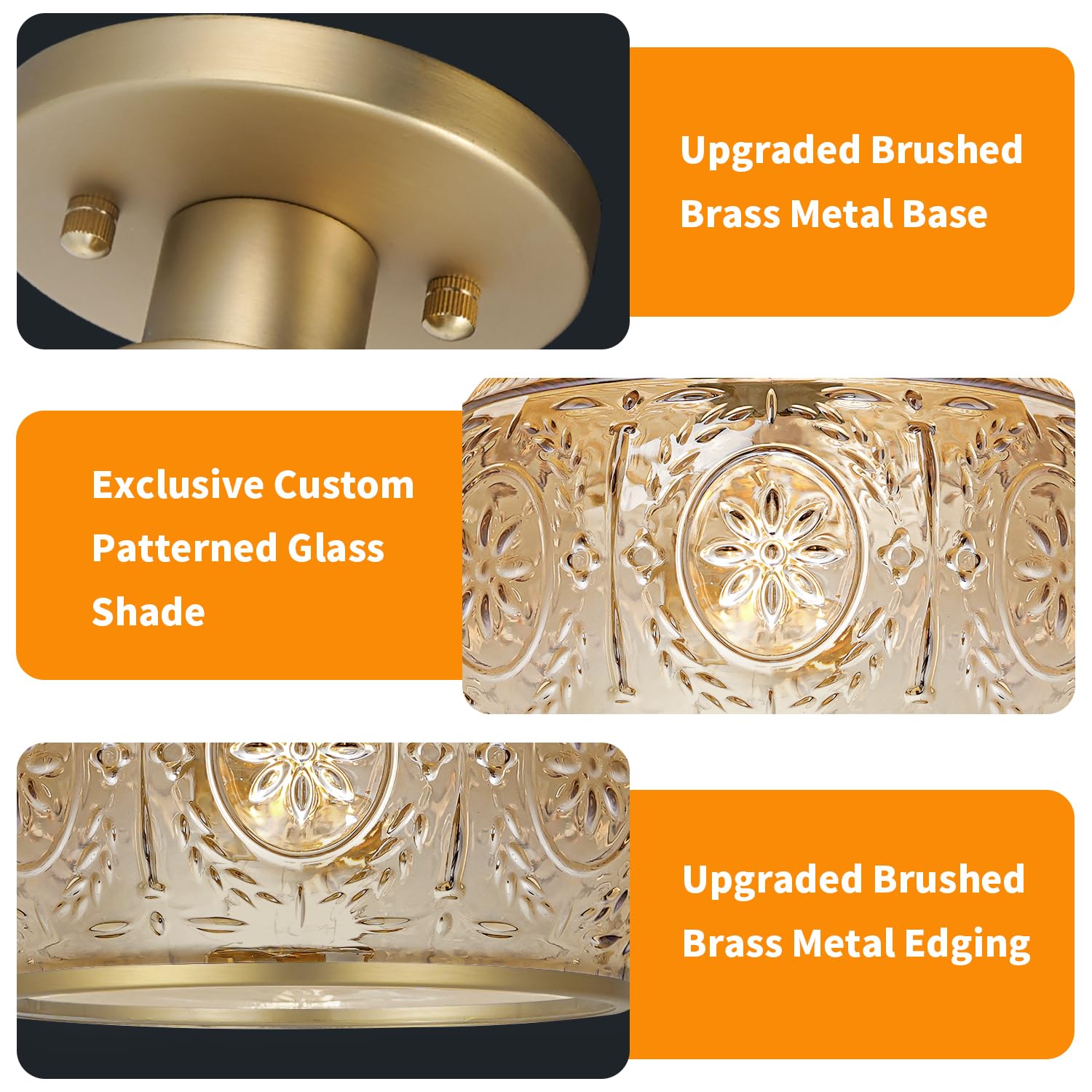 Oiyio Brushed Brass Semi Flush Mount Ceiling Light With Amber Globe Glass Shade  Modern Hallway Lighting Fixtures  Vintage Ceiling Light For Kitchen  Bedroom  Closet  Entryway  Porch