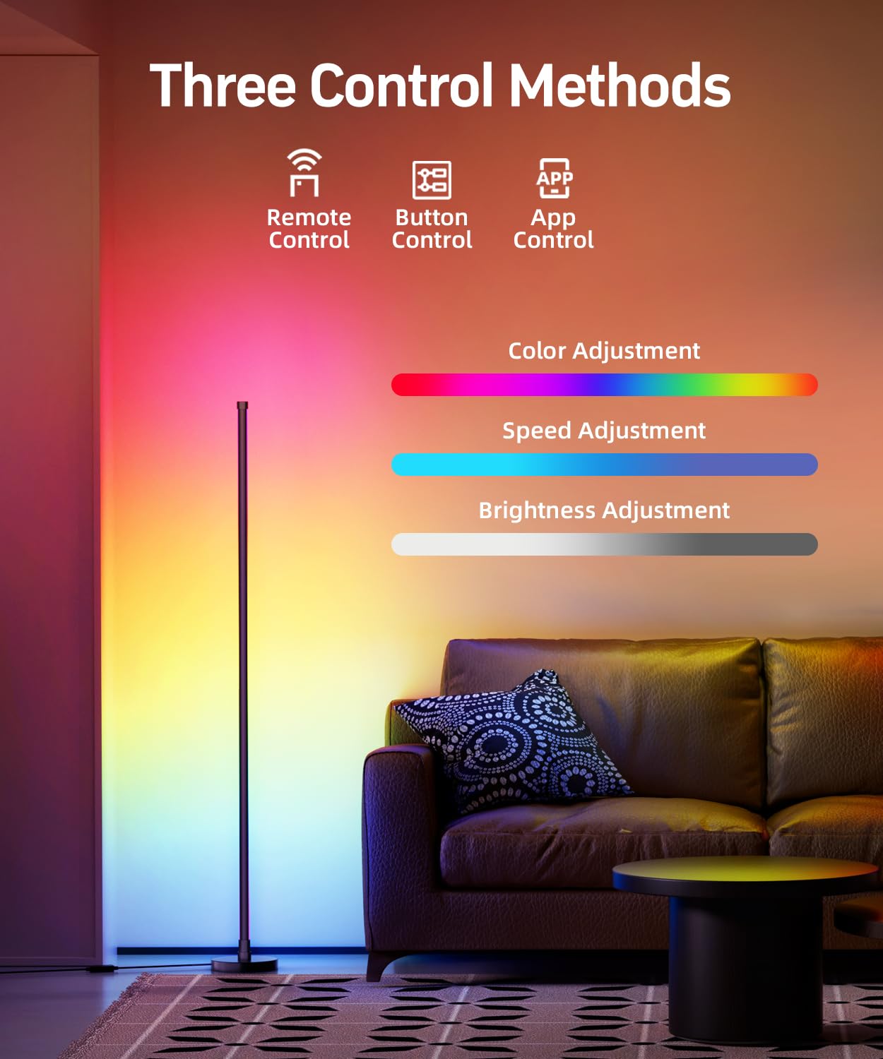 BWGZH Smart RGB LED Corner Floor Lamp 2 Pack, 49" Tall, Aluminum, Black-2, Music Sync, App & Remote Control