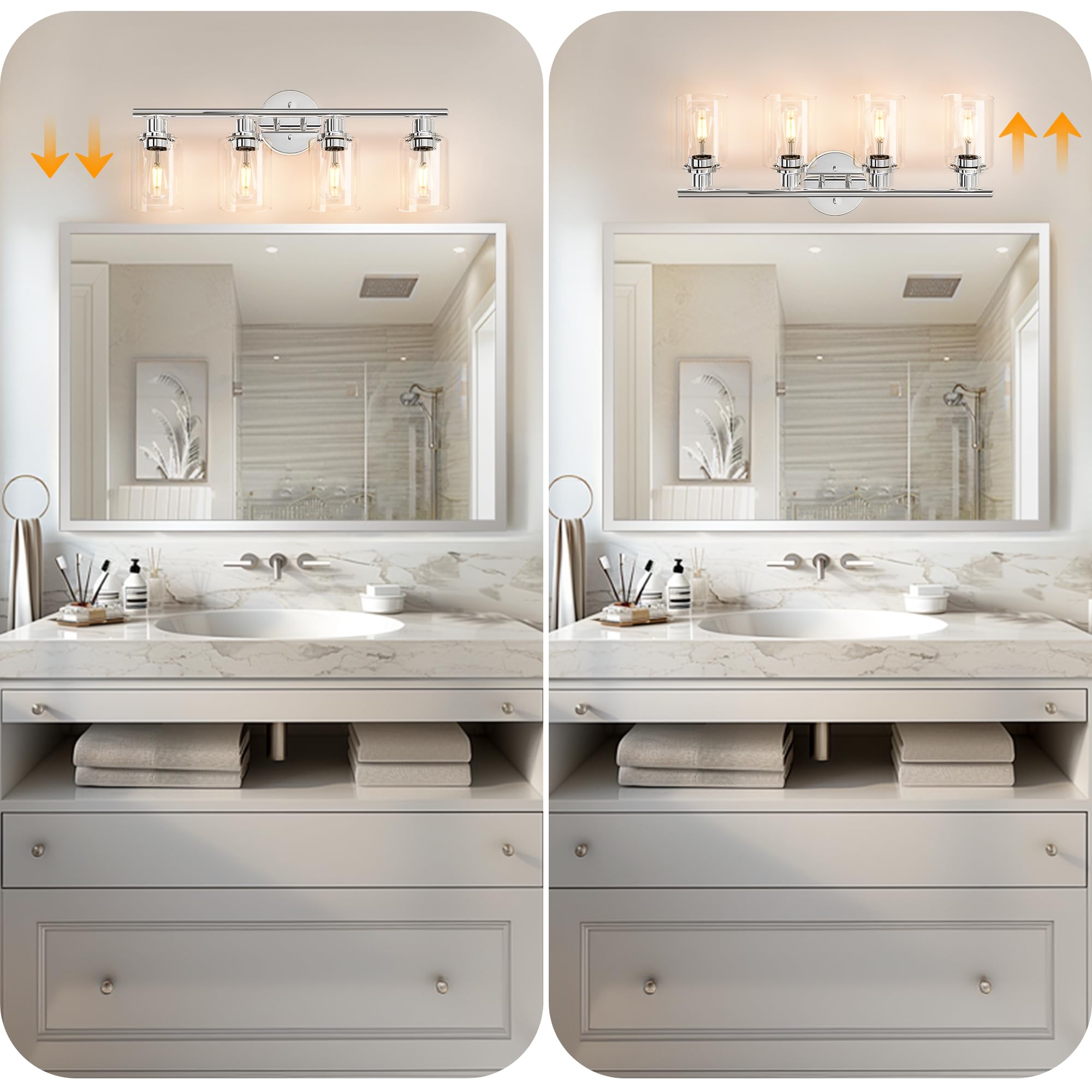 Weyderk Chrome Bathroom Vanity Light - 4 Light Bathroom Light Fixture With Clear Glass Shades, Ul Certification & E26 Base, Chrome Bathroom Vanity Lights Over Mirror For Bathroom