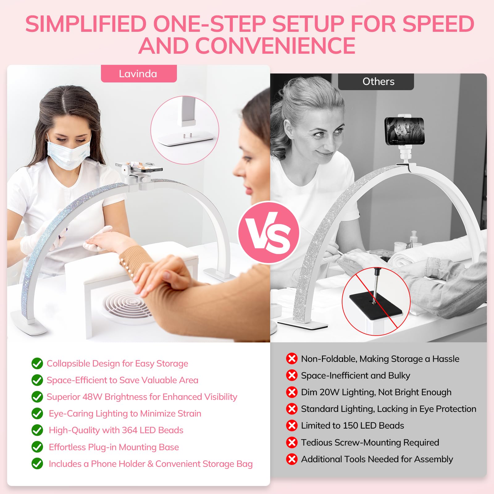 Lavinda Pro Nail Desk Lamp For Nail Techs - 3000-6000K Adjustable Half Moon Light With Phone Holder, 29In Foldable Nail Table Li