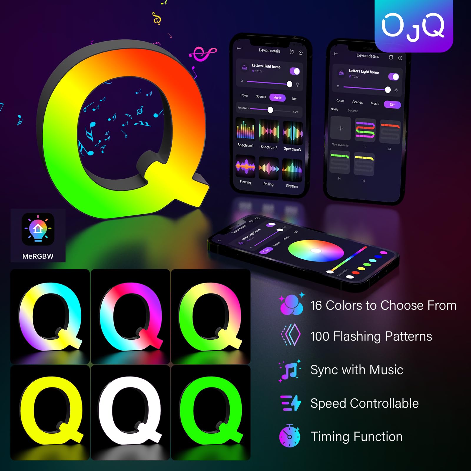 OJQ LED Light Up Letter - Colorful Alphabet Decor, Model A1, Plastic, Q - Music Sync Color Change for Teens, Bedroom, Christmas Gifts
