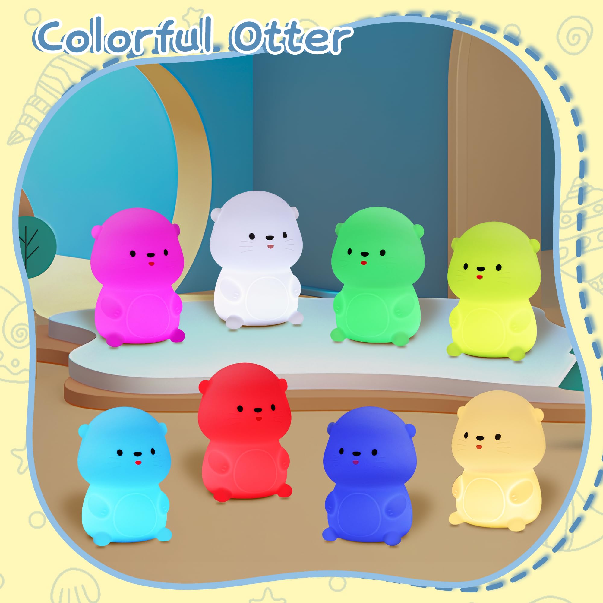 YuanDian Sea Otter Night Light, Gift for Babies and Teens, Decorate Kids Bedroom with Cute Silicone Otter Nightlights with 8 Co