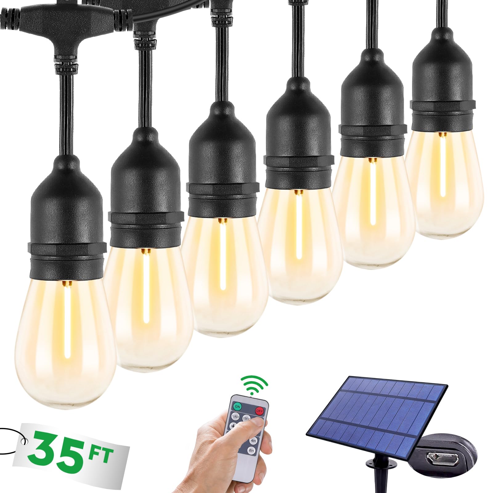TDLOL 35FT Solar Powered Outdoor Waterproof Patio Lights with S14 Shatterproof Sockets, IP65 Commercial Grade LED Solar String L