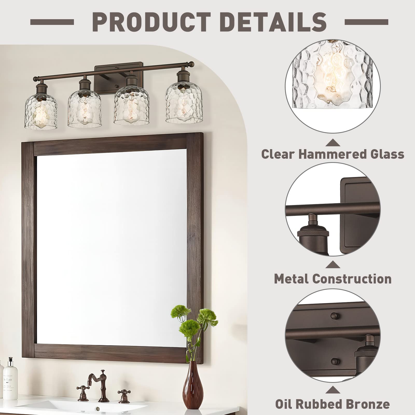 zeyu 4-Light Vintage Bathroom Vanity Fixture, Oil Rubbed Bronze, Clear Hammered Glass, Model ZJF63B-4W ORB