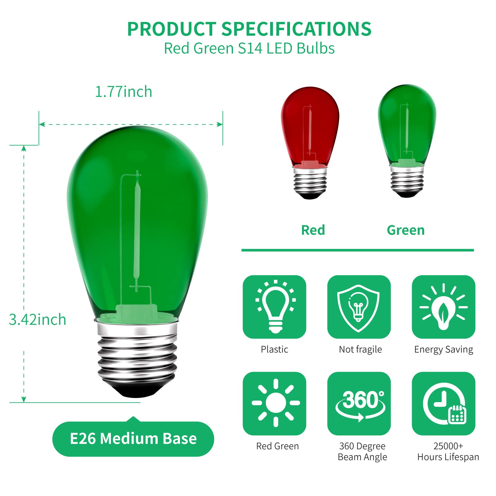 Meconard S14 Colored Led String Light Bulbs,1 Watt Plastic Shatterproof Waterproof Outdoor Indoor Replacement Bulbs For Home Dec