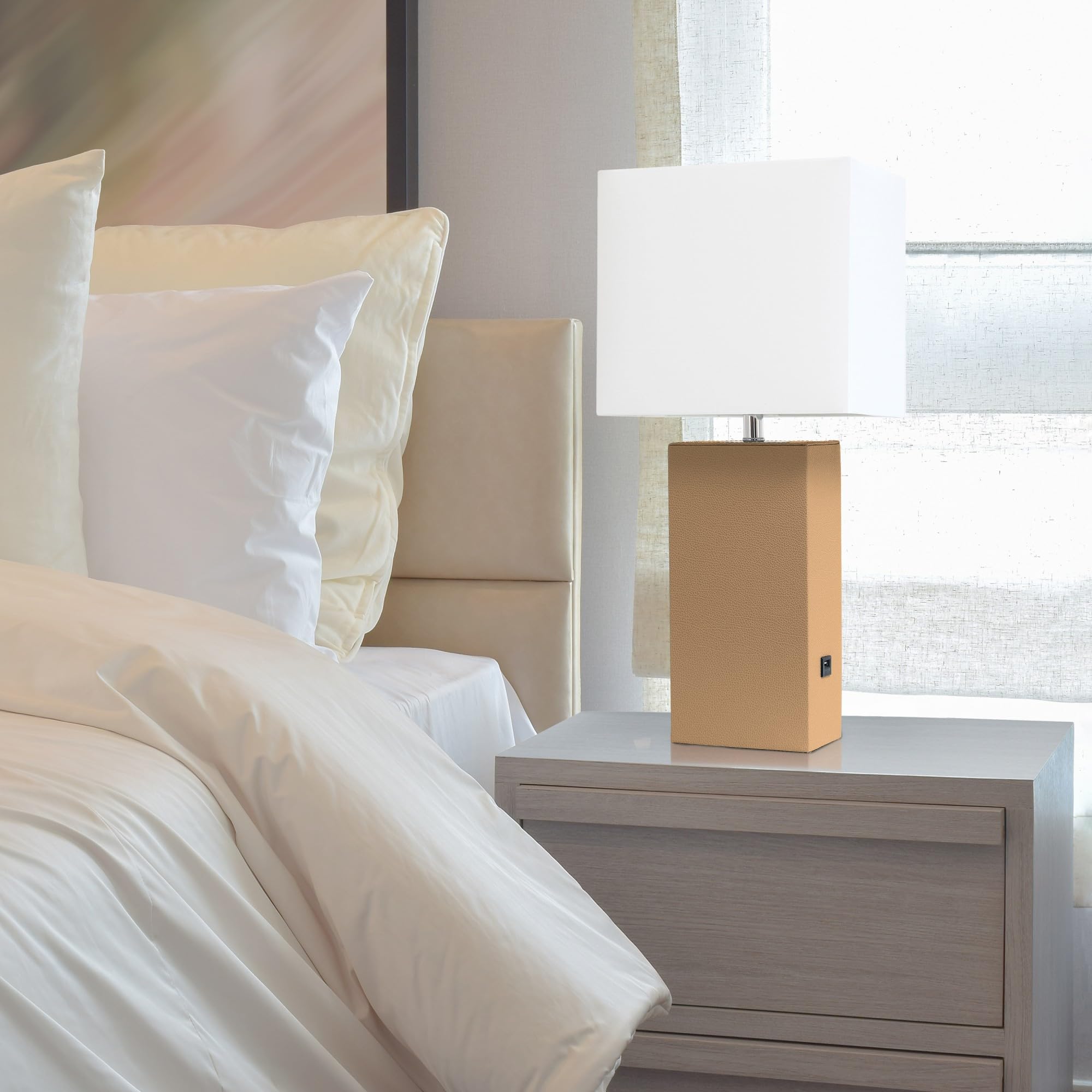 Elegant Designs Lt1053-Bge Modern Leather Usb And White Fabric Shade Table Lamp, Beige - (Pack Of 1)