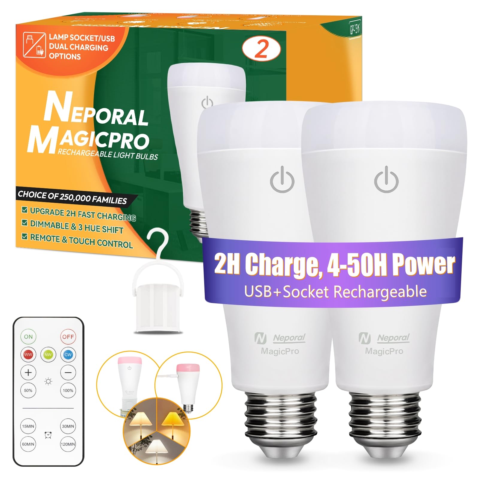 Neporal Magicpro Rechargeable Light Bulbs With Remote, Socket/Usb Rechargeable, 2H Fast Charge, 4-50H Lights Up, 3-Color Shifts 