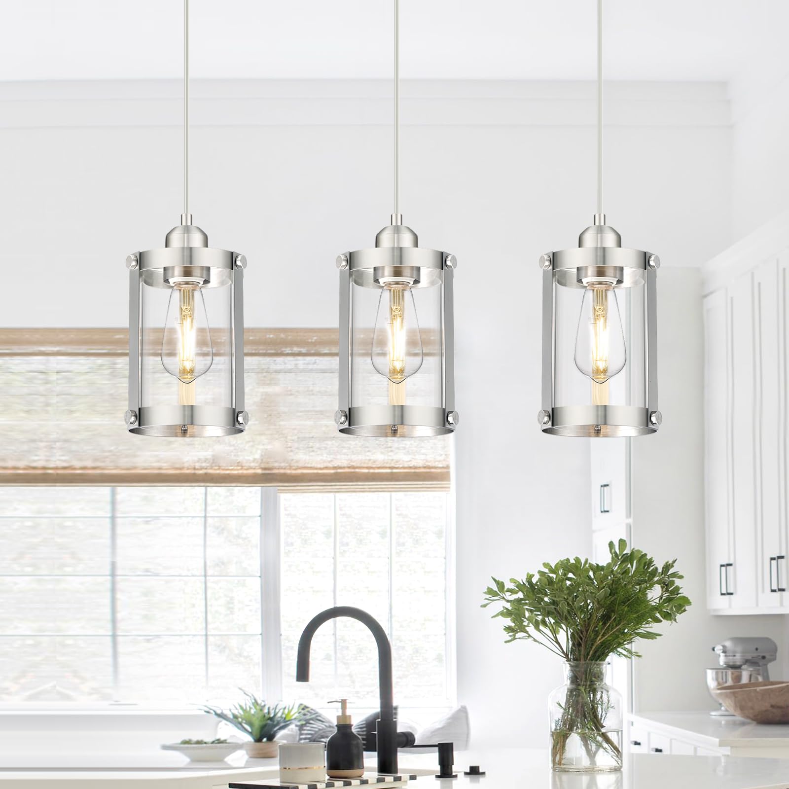 Osimir Brushed Nickel Pendant Lights Kitchen Island 3 Pack, Modern Kitchen Pendant Lighting Over Island With Clear Glass, Farmho