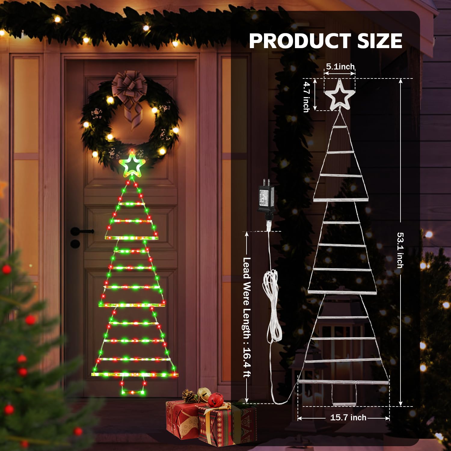cerflyer LED Christmas Lights Outdoor 4.6ft 189 LED Red & Green Tree Ladder Light with Star Topper, 8 Modes, Model YLS1000WD01