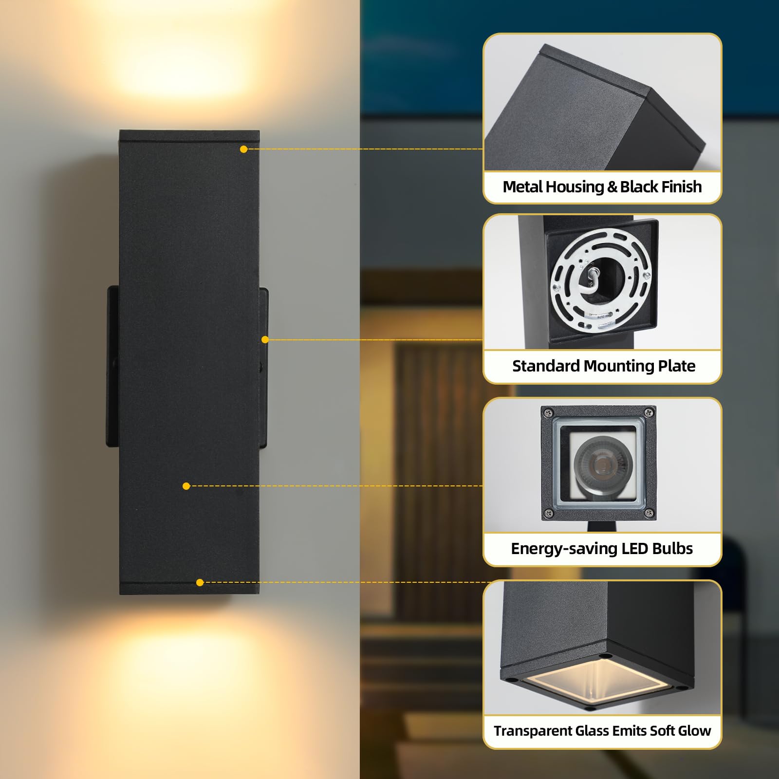 Tewei Led Outdoor Wall Sconce Lights Modern Exterior Lighting Fixtures With 7W Led Bulbs  Matte Black Square Up And Down Outdoor Lights For House Front Porch Garage  Warm White 3000K  6 Pack