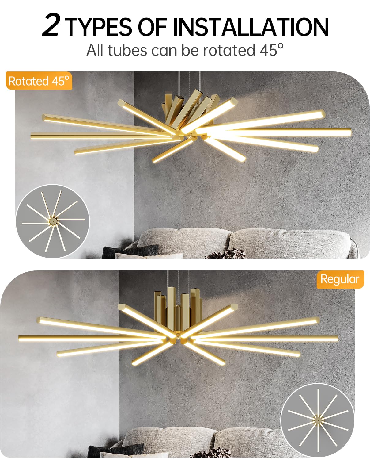 JYUWRIVG Modern Led Chandelier, Dimmable Sputnik Light Fixture, Chrome, Model YM05, Remote Control, 3000K-6500K for Dining Room, Kitchen