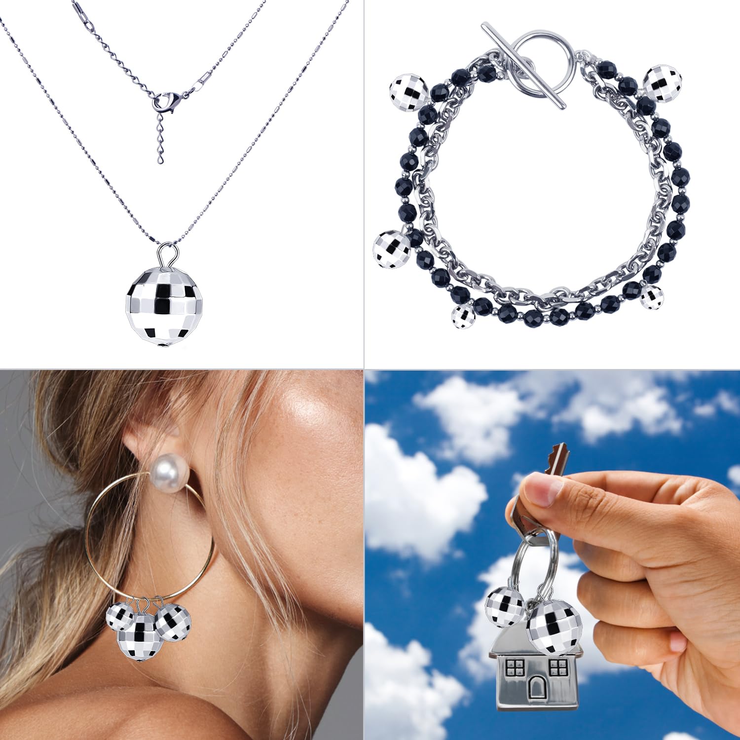 PEUTIER 48pcs Mini Disco Ball Pendants, Silver Alloy Steel Reflective Charms for DIY Crafts and Party Decorations