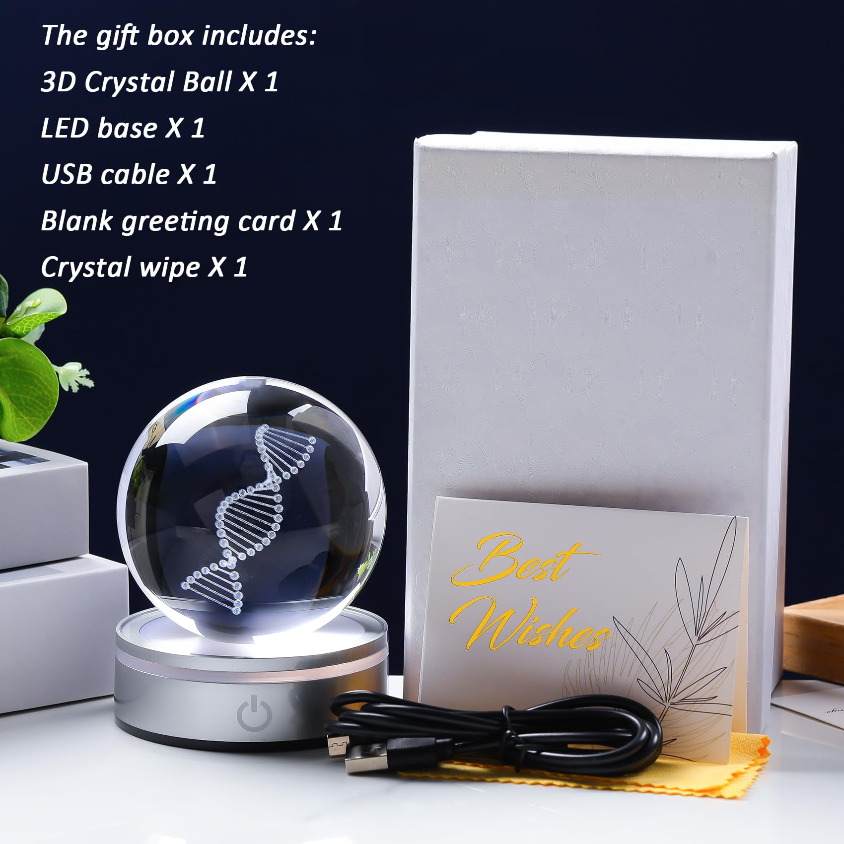 Enjinkail Dna Crystal Ball With Led Base - Unique 3D Laser Engraved Science Decor  Gift For Biology Teachers  Medical Students & Science Lovers  Classroom Lab Decor Night Light