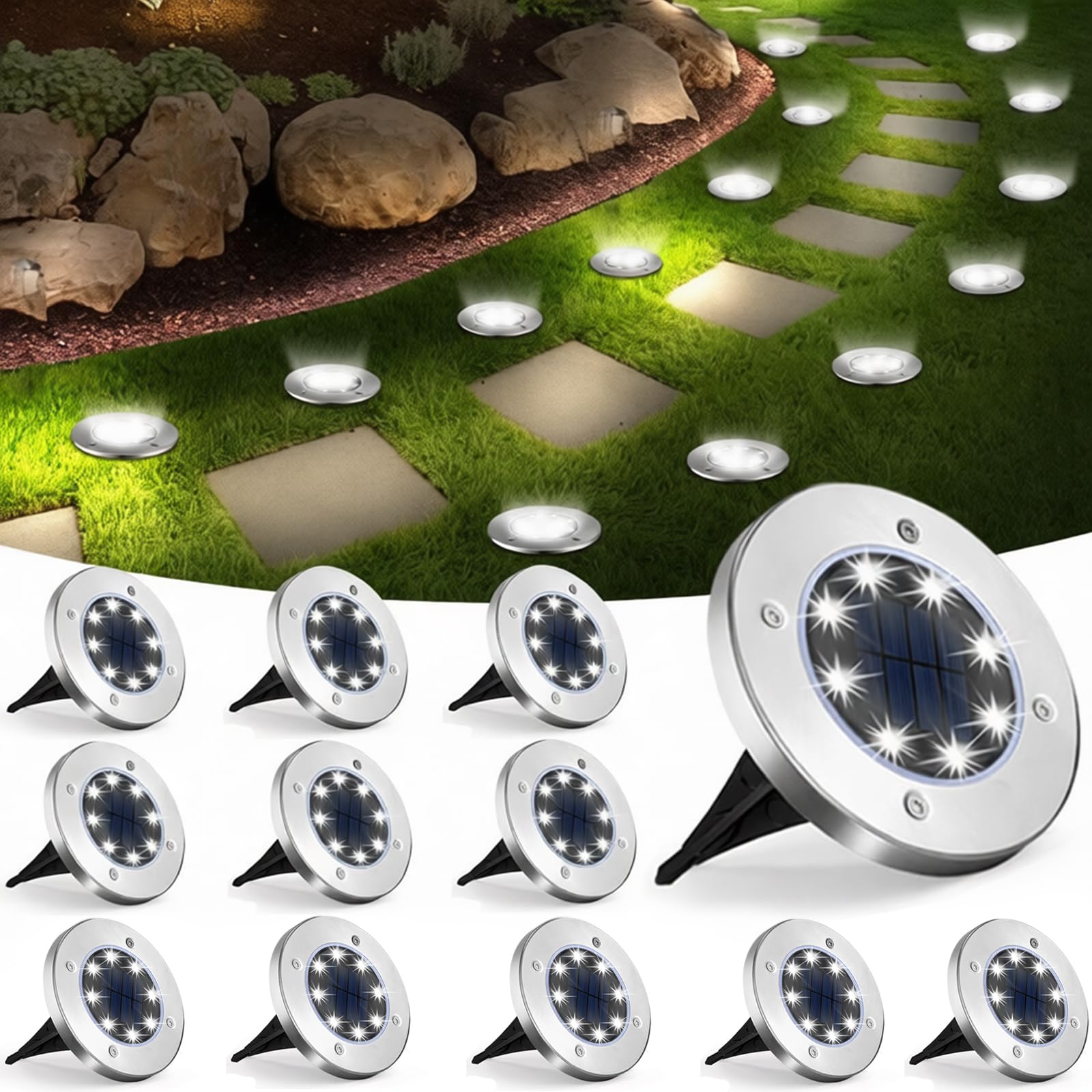 UFOND 12 Pack Solar Ground Lights Outdoor Waterproof LED Gardenlight  Disklights for Lawn Pathway Yard Walkway Driveway Patio Deck  Solar Lights (Cold White)